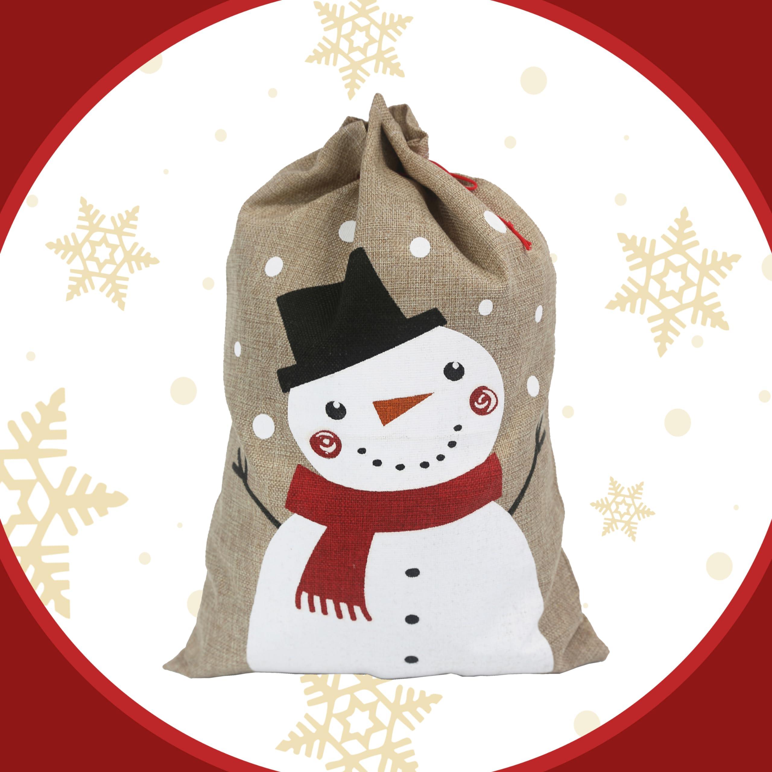 Hooin Christmas Sacks (13.8‘’ x 19.7‘’ Medium Size) – Pack of 4 Drawstring Goody Gift Bags for Christmas Treats 4 Designs Santa Snowman Reindeer Penguin