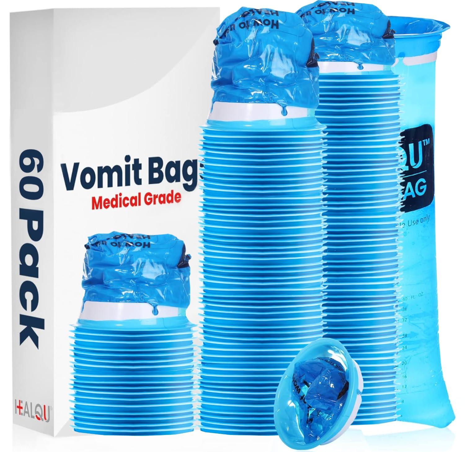 Healqu Healqu Hospital Vomit Bags - 60 Pack 1000ml Car Throw Up Bag - for Airsick Travel & Motion Sickness - Leak Resistant Medical Grade Puke Bag - Disposable Barf Bags Throw Up, Nausea