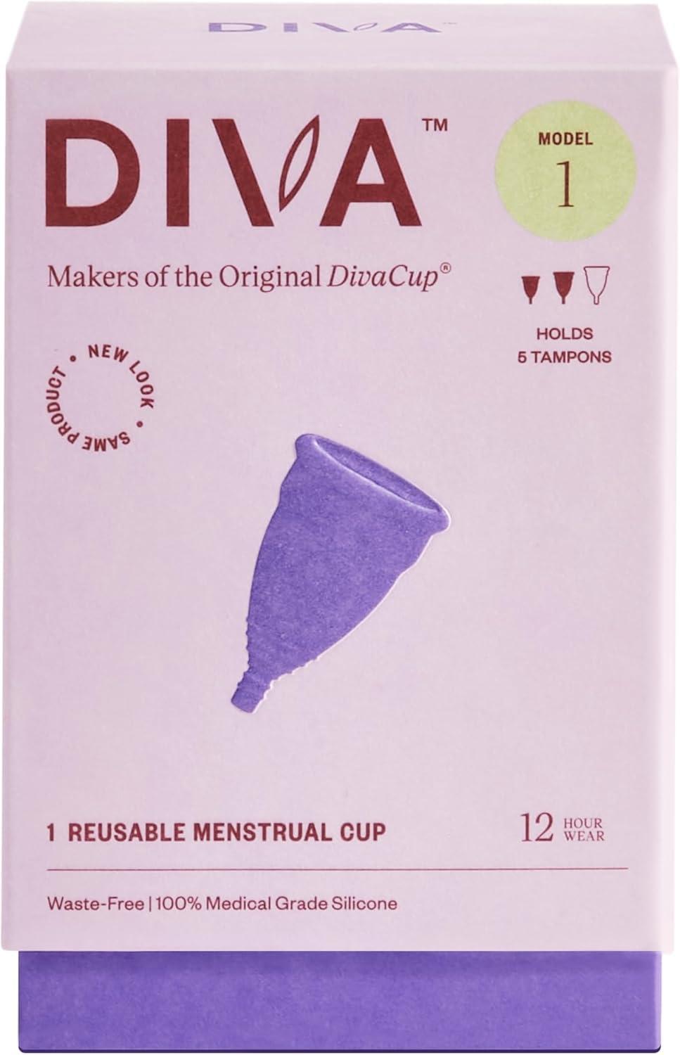 DivaCup DIVA Cup - Medical Grade Silicone Cup for Period Care - Reusable Menstrual Cup - Up to 12 Hours of Continuous Wear - Model 1 (For Medium to Heavy Flow)