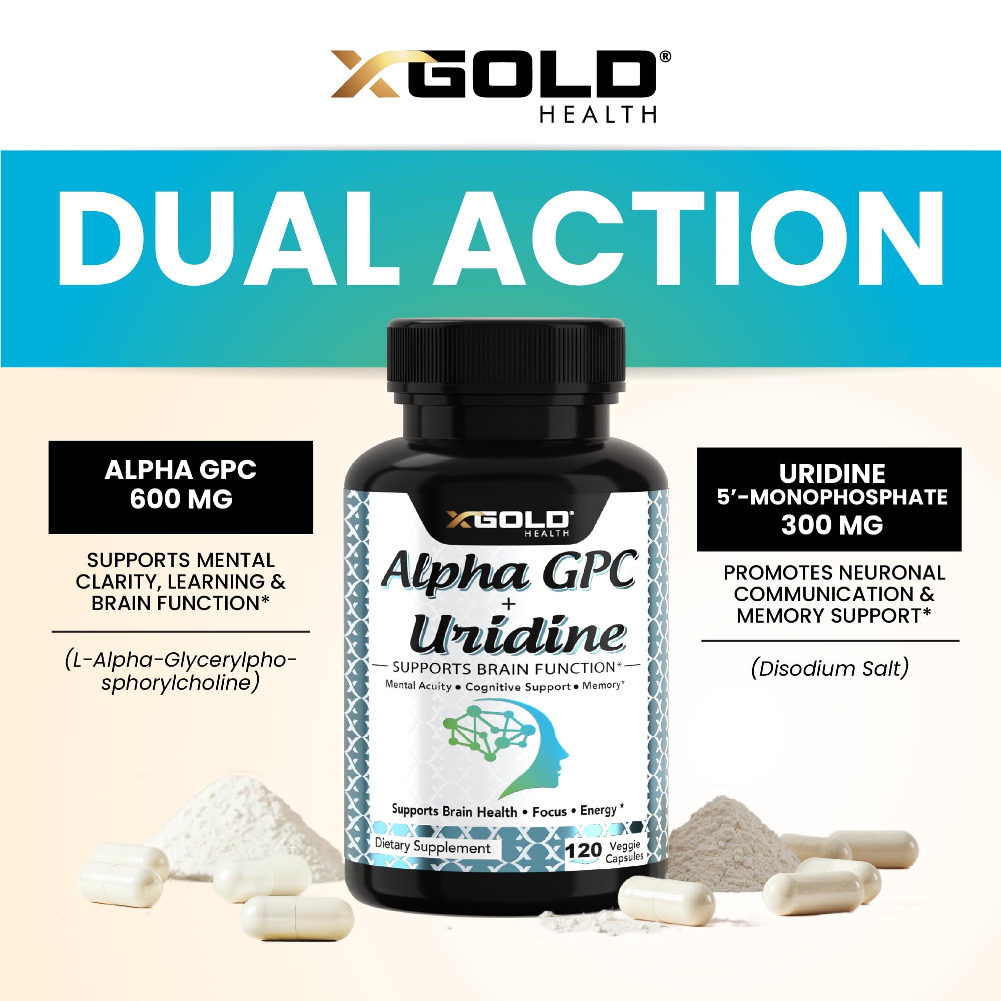 X Gold Health Alpha GPC Choline 600mg + Uridine Monophosphate 300mg-2-in-1 Nootropic Supplement Helps Boost Focus, Energy & Cognitive Performance -Potent Mood Enhancer & Brain Focus Supplements -120 Veggie Capsules