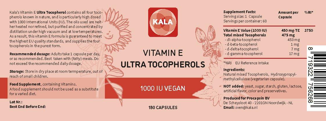 Kala Health Kala Health Vitamin E 1000 IU Ultra Tocopherol 450mg Vitamin E Vegan all 4 Tocopherols - Alpha Tocopherol + Beta Tocopherol + Gamma Tocopherol + Delta Tocopherol Unique d Alpha Tocopherol Vitamin E