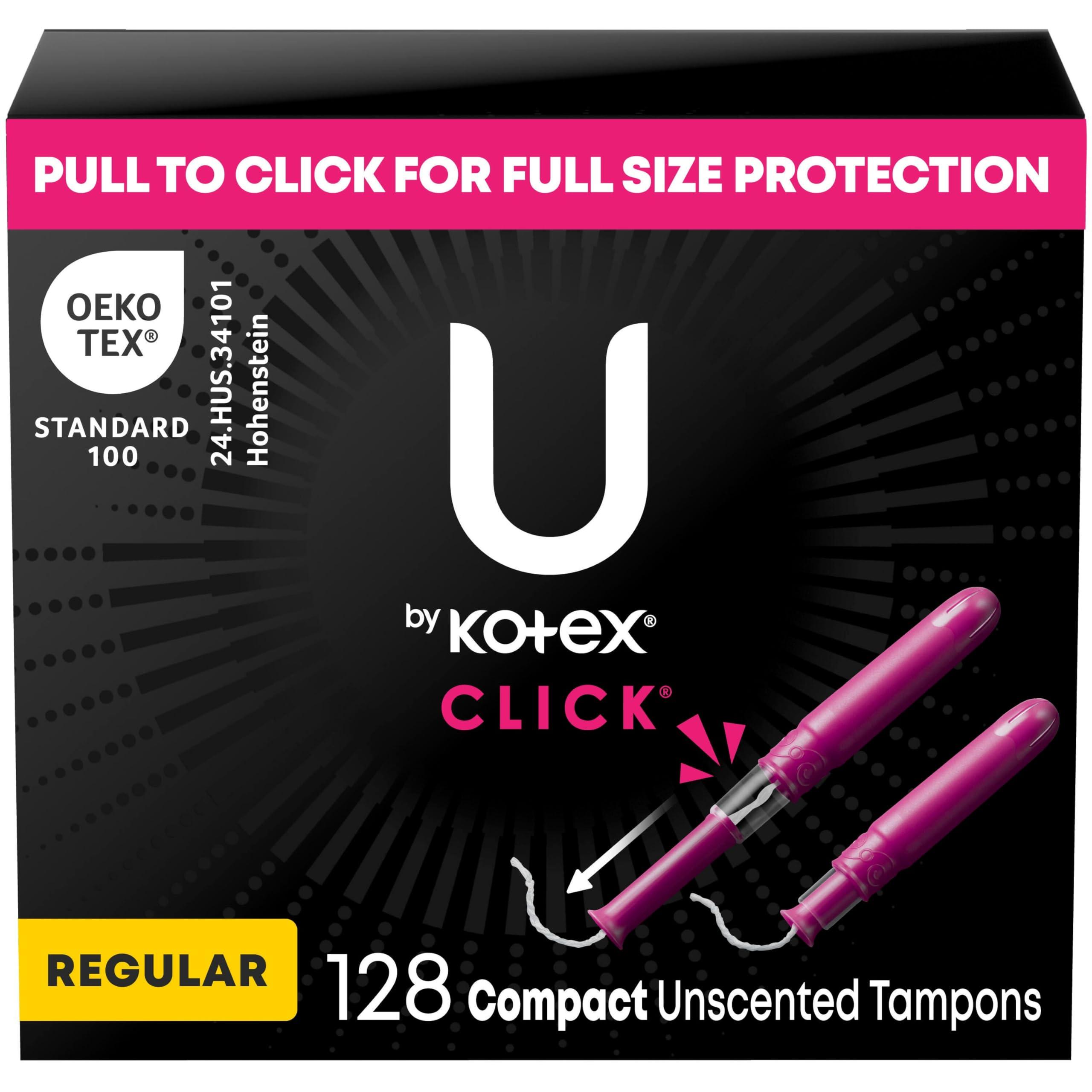 U by Kotex U by Kotex Click Compact Tampons, Regular Absorbency, Unscented, 128 Count (8 Packs of 16) (Packaging May Vary)