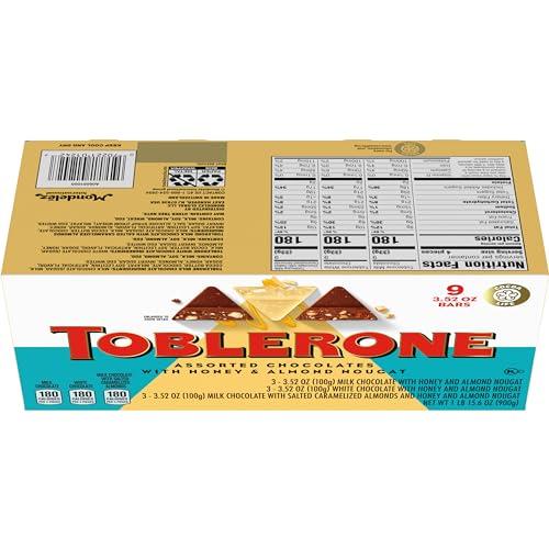 Toblerone Toblerone Chocolate Gift Box (Milk Chocolate, White Chocolate, & Milk Chocolate with Salted Caramelized Almonds Chocolate Bars), Valentines Day Chocolate Candy, 9 - 3.52 oz Bars