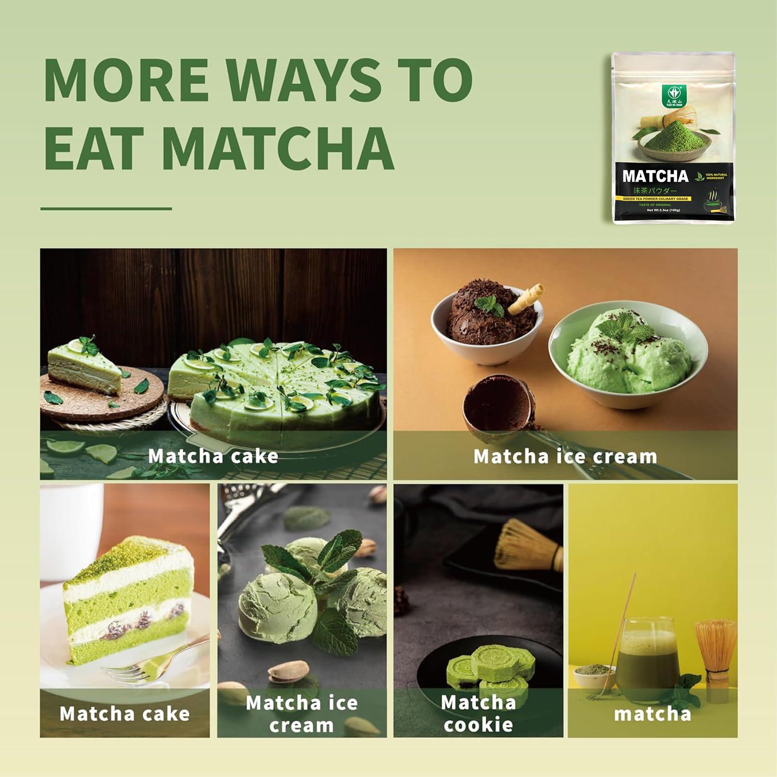 Tian Hu Shan TIAN HU SHAN Matcha Green Tea Powder 3.5oz/100g, Pure Matcha Powder Culinary Grade Unsweetened for Lattes, Cooking, Baking, Vegan 100% Natural