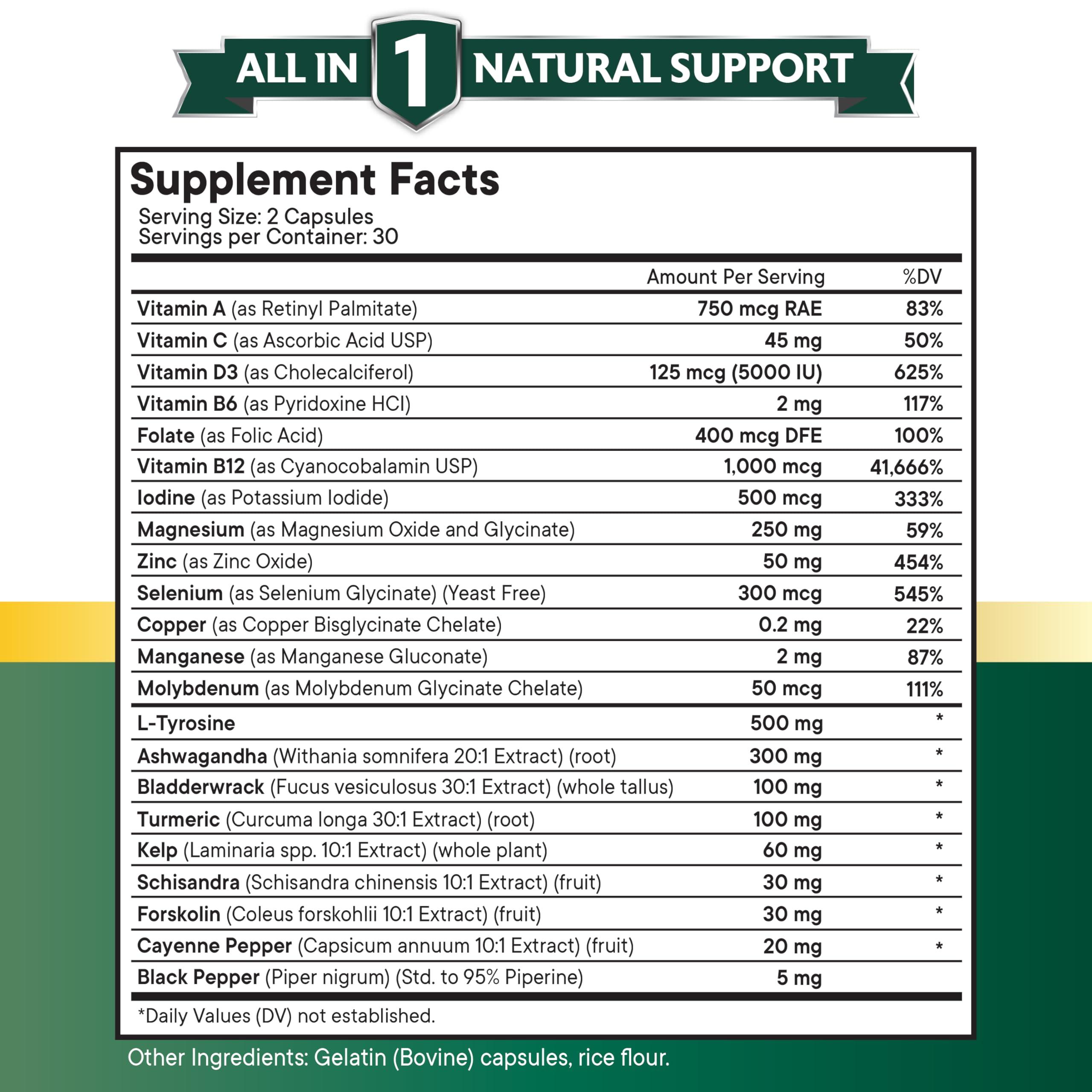 NEW AGE Selenium, Zinc, Iodine, L Tyrosine, Ashwagandha - Thyroid Support Supplement for Women and Men with Bladderwrack, Turmeric, Silica Kelp, Schisandra - 60 Count