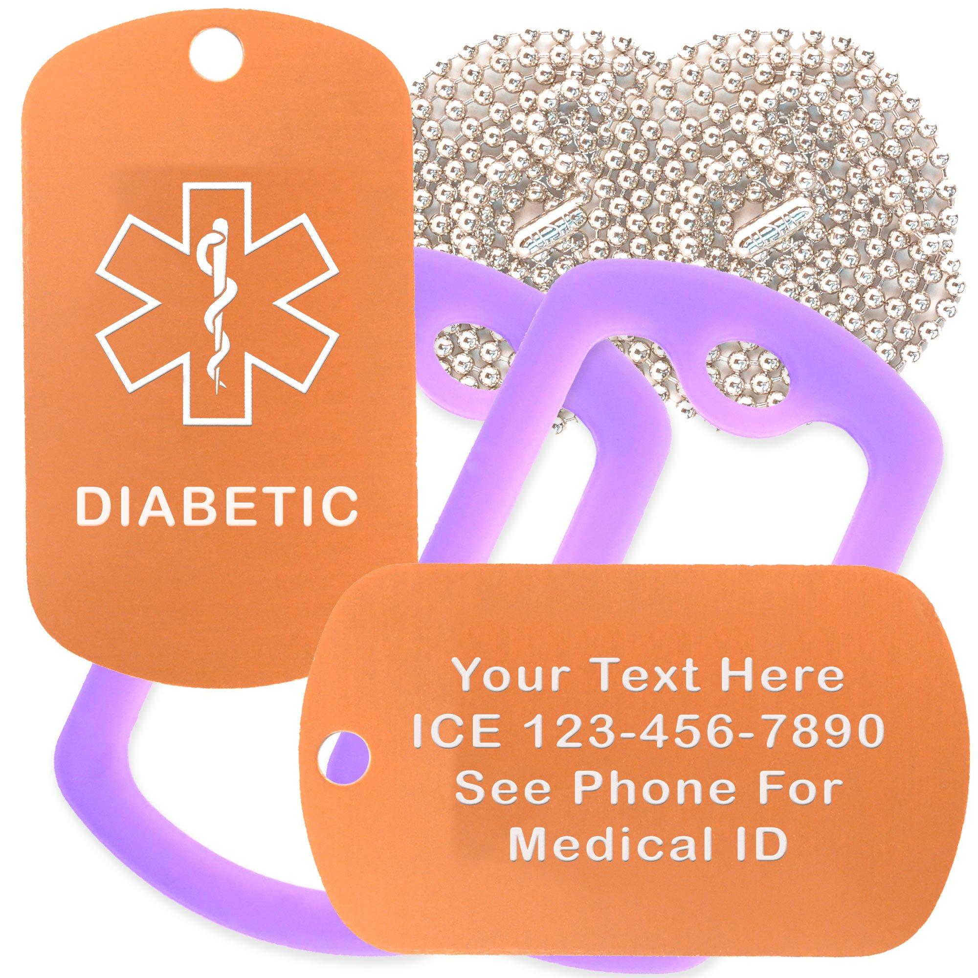 Goods For Giving Custom 2 Pack - Diabetic Medical Alert ID Necklaces with Copper Custom Tags, Purple Silencers, and 30'' USA Chains