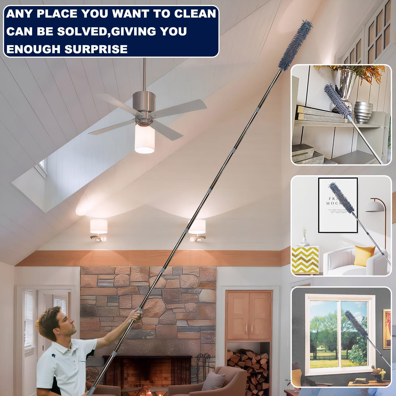 Tockrop 20+ Feet High Reach Duster Kit with 3-14 ft Extension Pole for Cleaning Fan, Spider Web, High Ceiling, Blinds, Furniture, Cars - Cobweb Microfiber Duster // Outdoor & Indoor Extendable Duster
