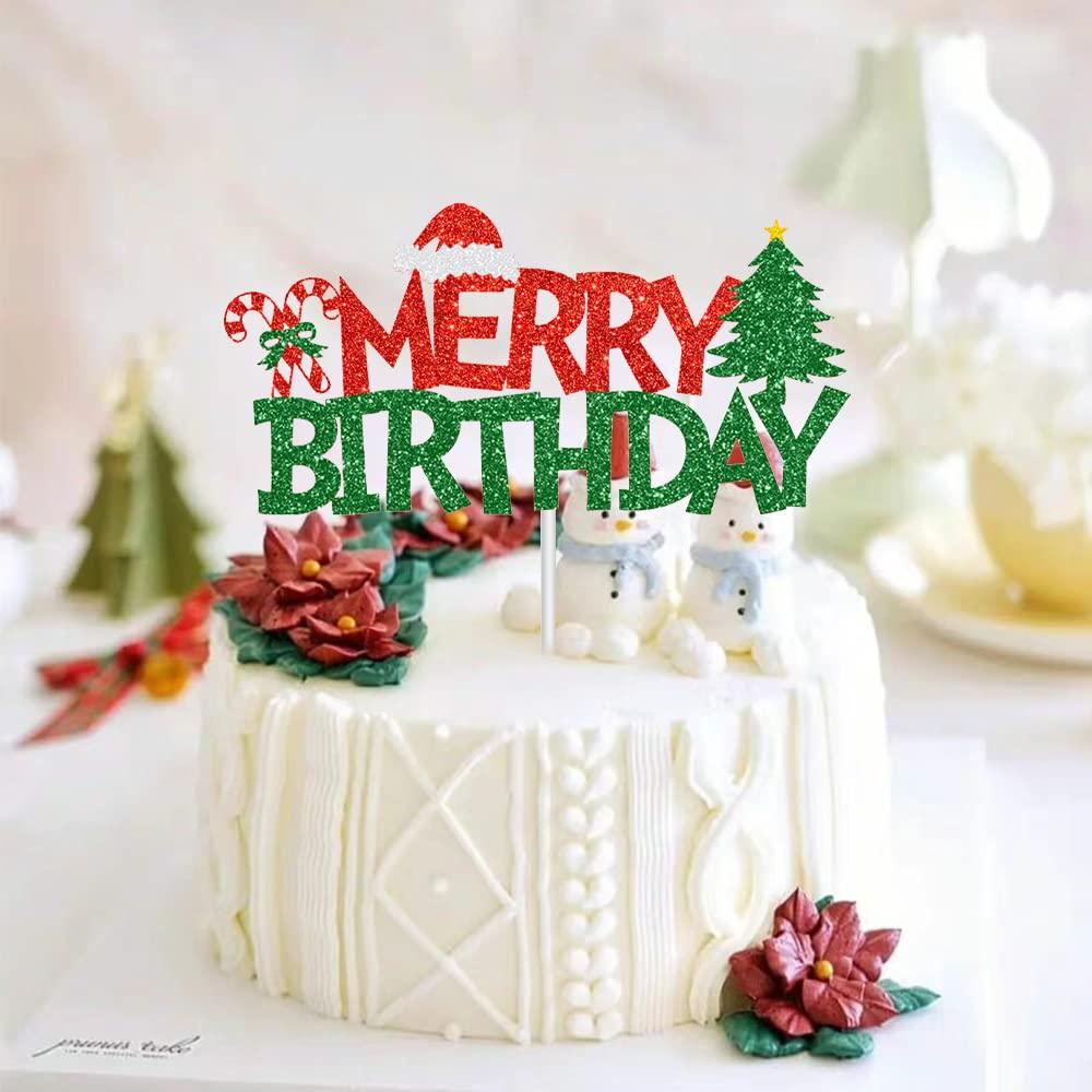 GotGala GotGala Merry Birthday Cake Topper Red &Green Glitter Christmas Birthday Cake Decoration Kids Christmas Birthday Party Cake Food Picks for Winter Onederland Xmas Birthday Baby Shower Decorations