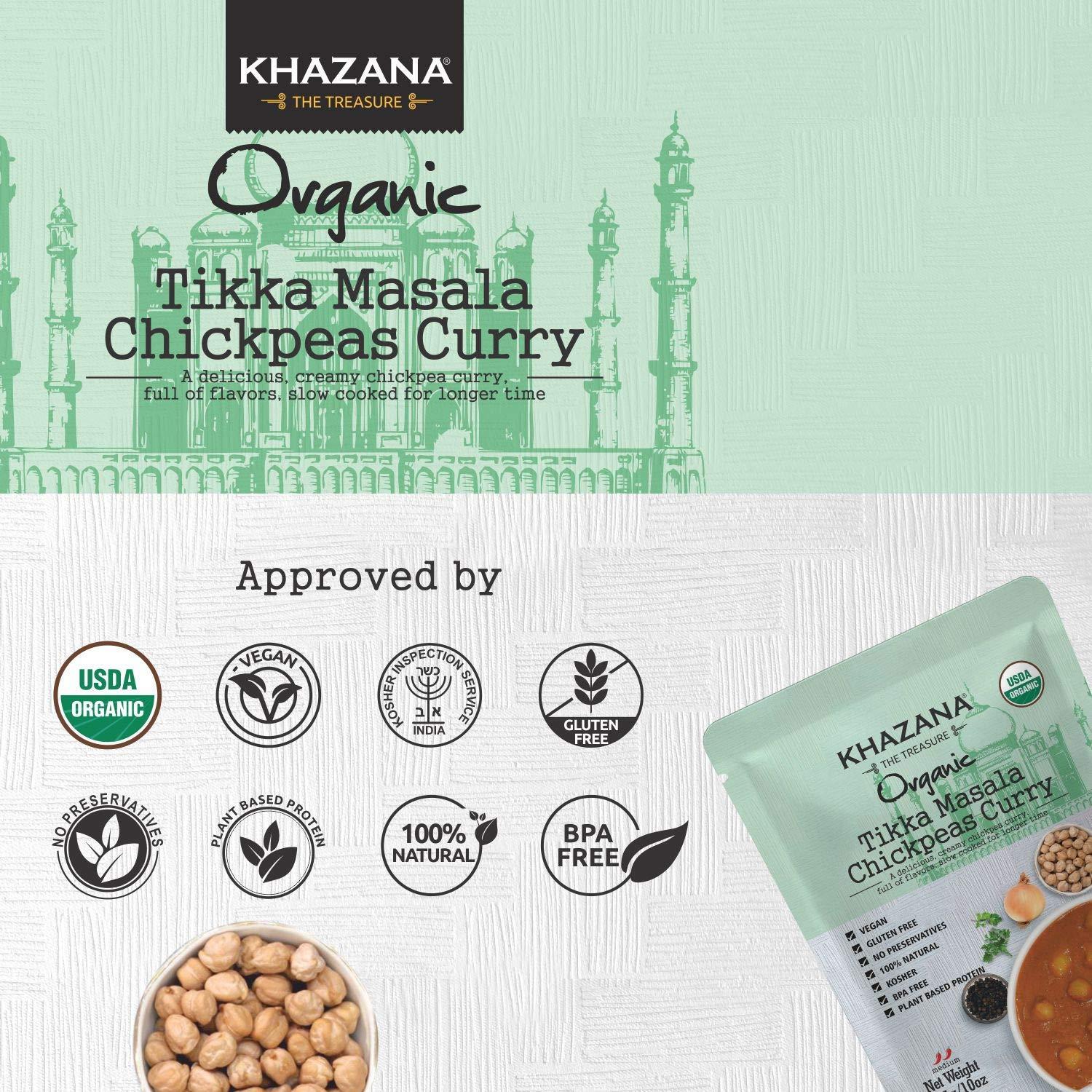 Khazana Khazana Organic Ready to Eat Meals - Tikka Masala Chickpeas Curry (Pack of 6, 10oz Pouches) - Non-GMO, Vegan, Gluten Free & Kosher - Authentic Indian Cuisine in 90 Seconds!