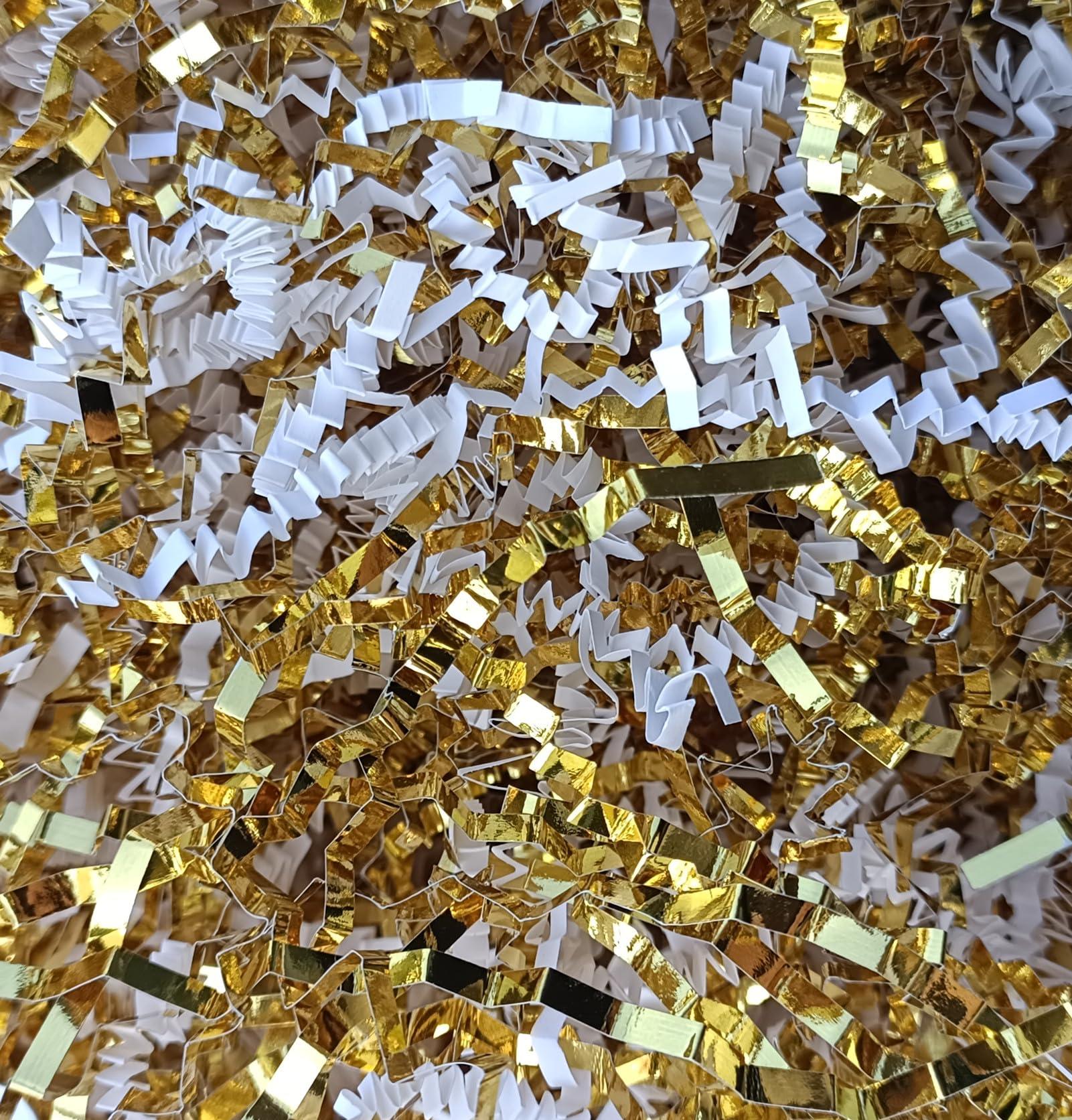 MGOHNACL 4OZ Crinkle Cut Paper Shredded Paper for Gift Box Baskets Filler, White and Gold Crinkle Cut Paper Shred Filler Confetti for Packaging