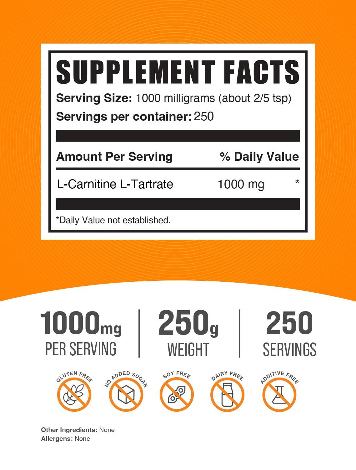 BulkSupplements BULKSUPPLEMENTS.COM L-Carnitine L-Tartrate Powder - Carnitine Supplement, L-Carnitine Tartrate, L Carnitine 1000mg - Amino Acids Supplement, Gluten Free, 1000mg per Serving, 250g (8.8 oz)