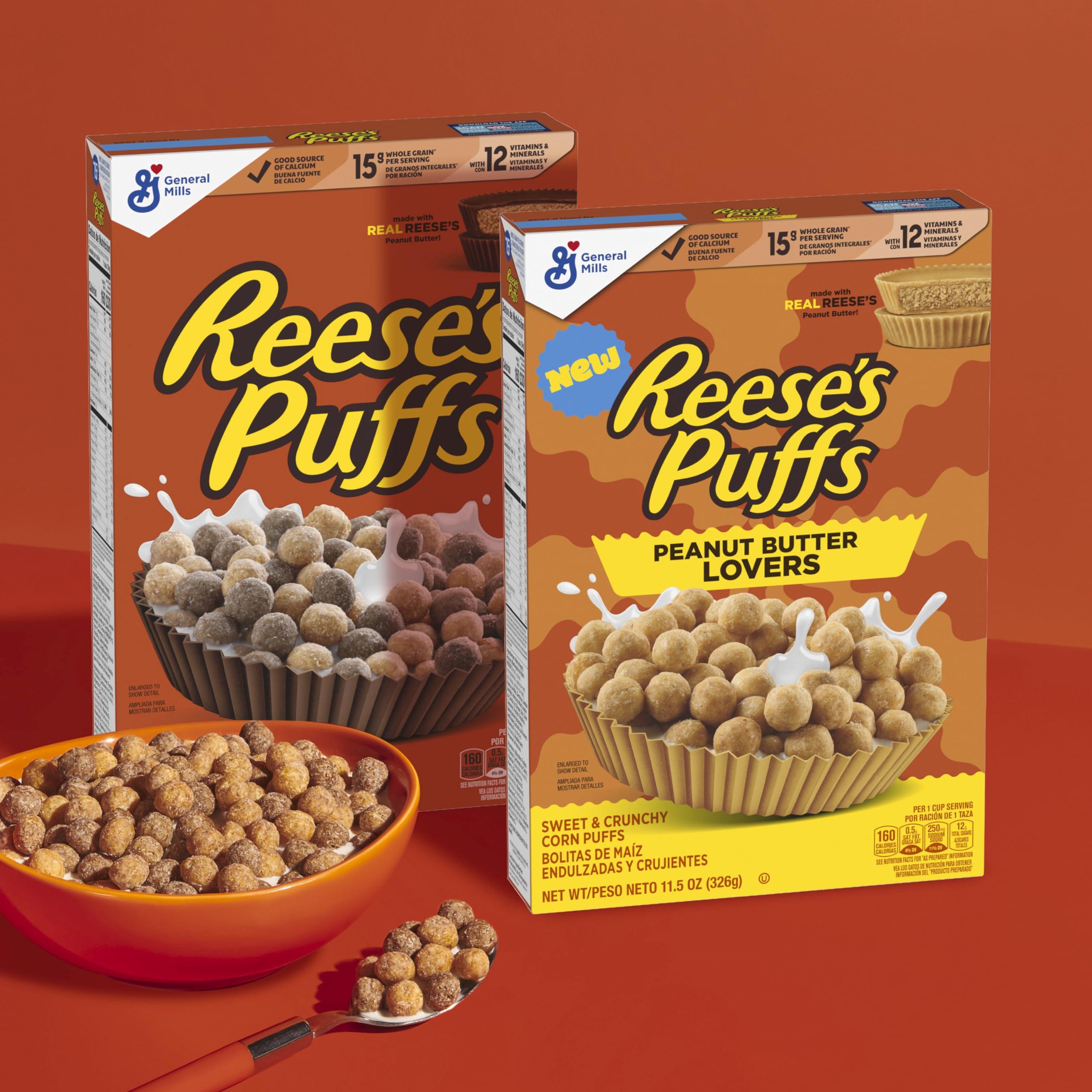 Reese\'s REESES PUFFS Peanut Butter Lovers Breakfast Cereal, Made with Whole Grain and Real REESES Peanut Butter, Family Size, 19.7 oz