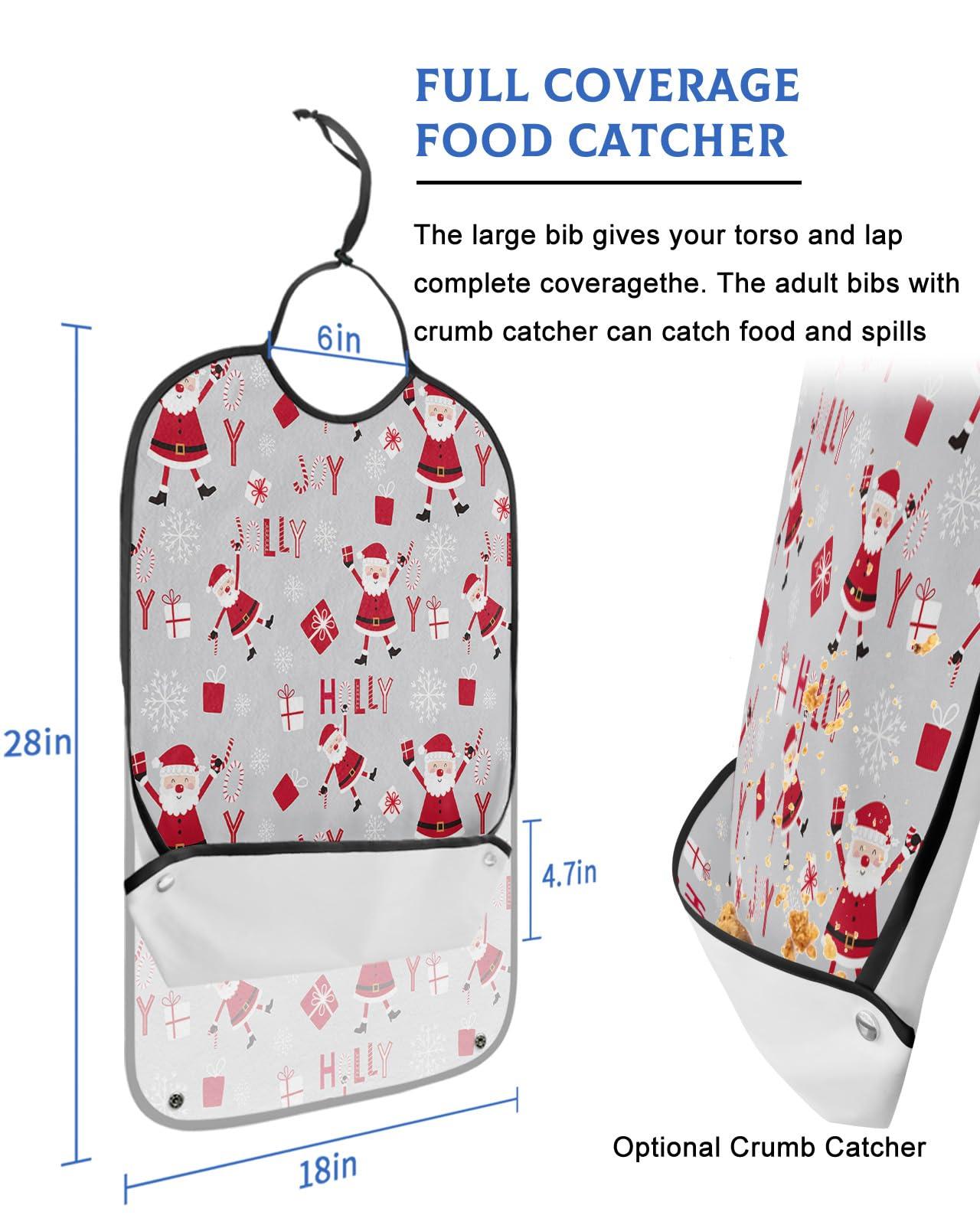 Sabolny Christmas Adult Bib for Eating with Crumb Catcher,Washable & Waterproof Terry Cloth Adjustable Elderly Women Men Adult Bibs Funny Clothing Protector Santa Snowflake Winter Xmas Gift Grey Red White
