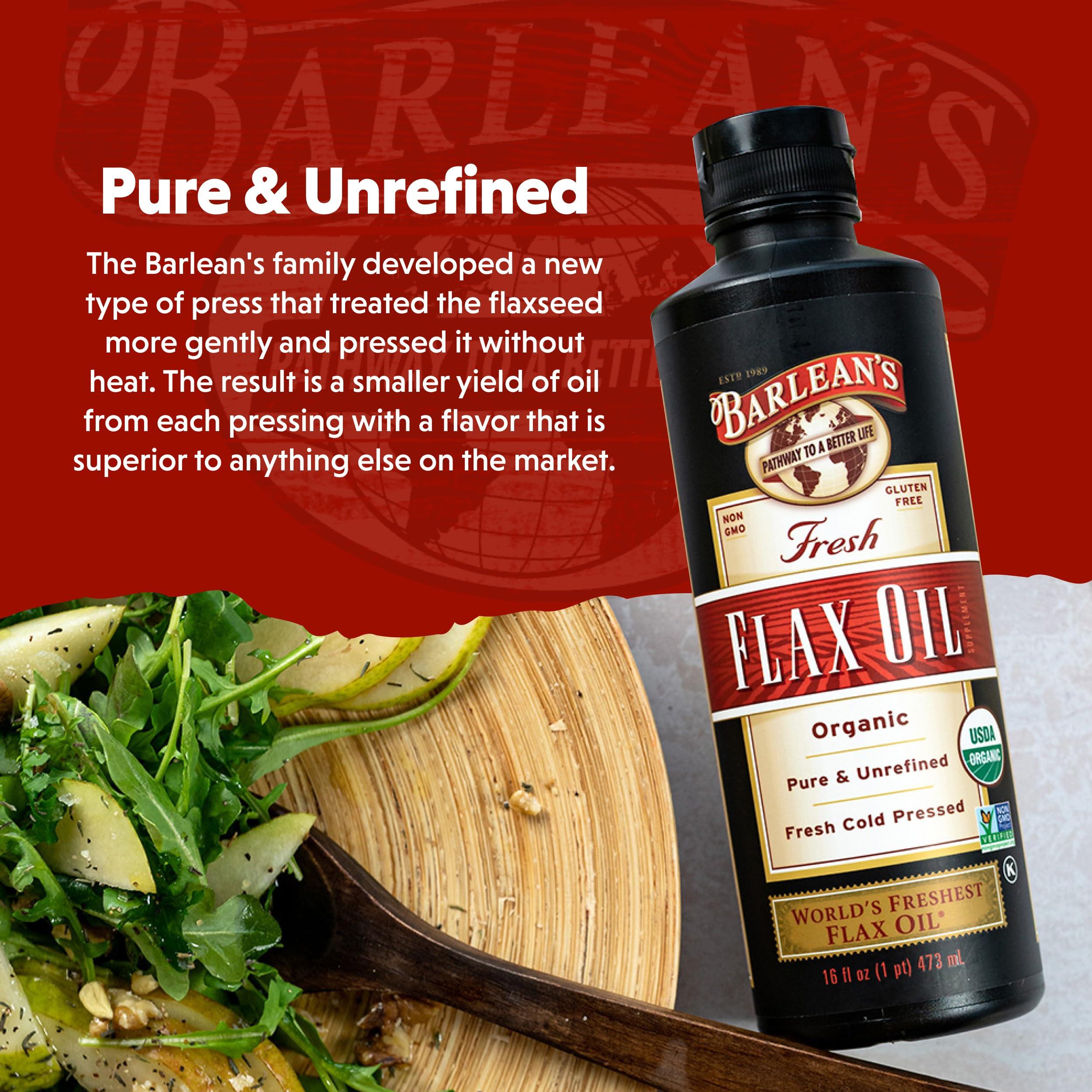 Barlean's Barlean's Organic Flaxseed Oil Liquid from Fresh Cold Pressed Flax Seeds, 7,640mg ALA Omega 3 Fatty Acid Supplement for Skin and Hair Care, Vegan & Gluten Free, 8 oz