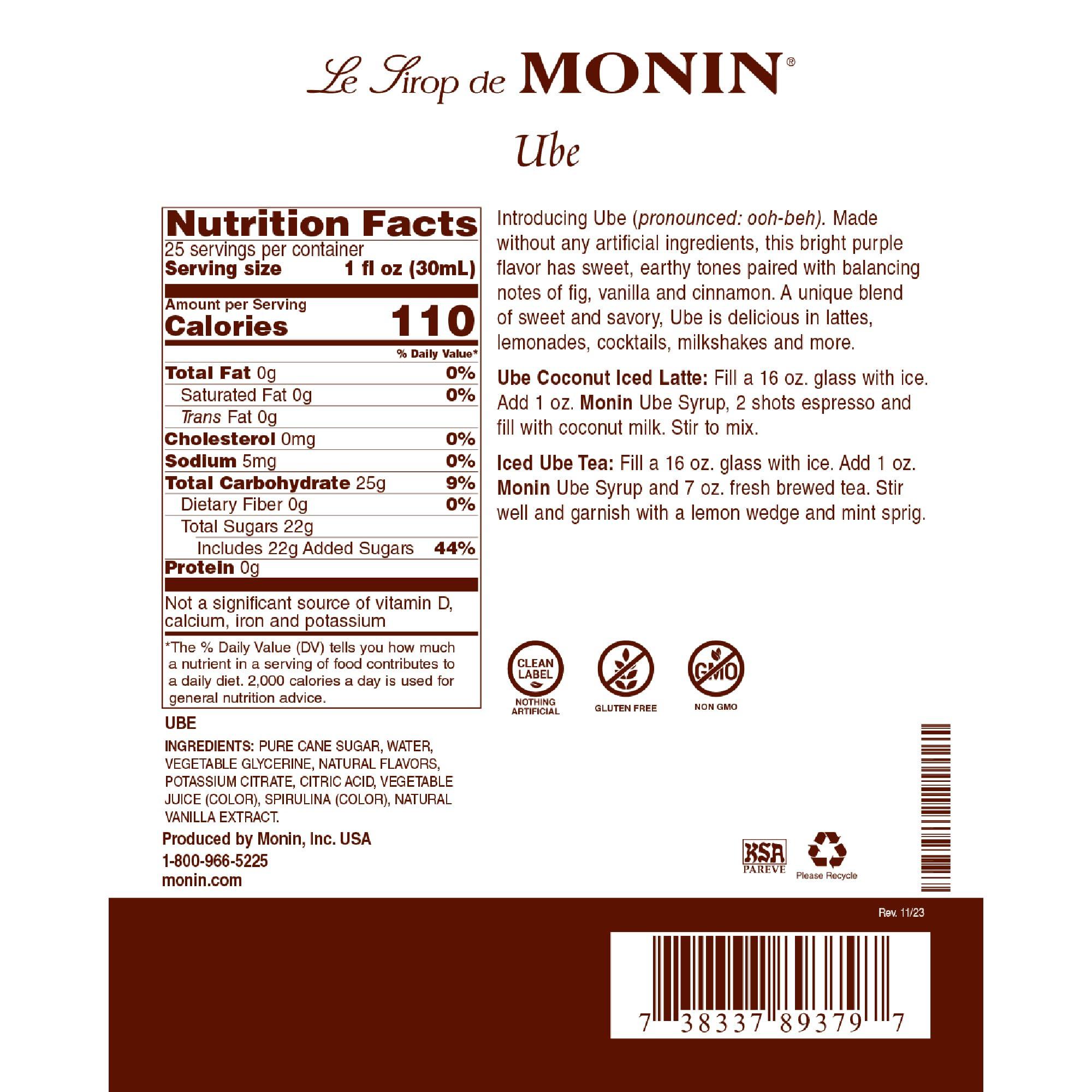 Monin Monin - Ube Blend Syrup, Savory & Sweet, Blended With Notes of Fig, Cinnamon & Vanilla, Great for Lemonades, Boba Tea, & Coffee, Dairy-Free, No Artificial Sweeteners, Gluten-Free (Glass, 750 mL)