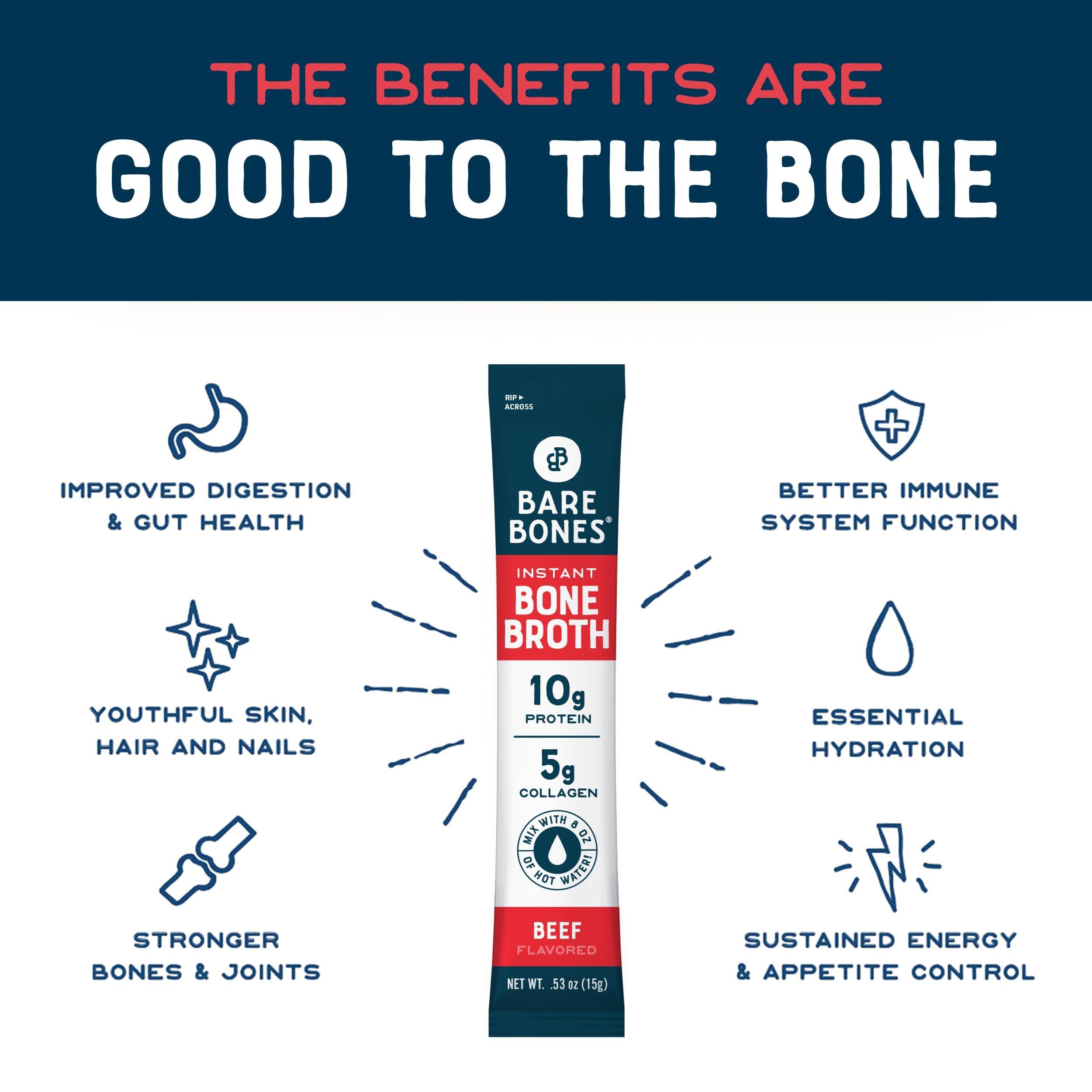 Bare Bones Bare Bones Beef Bone Broth Instant Powdered Mix | Rich Savory Packets on-the-Go No Artificial Flavors | 100% Grass Fed Keto & Paleo Friendly | 10g Protein | 8 Pack