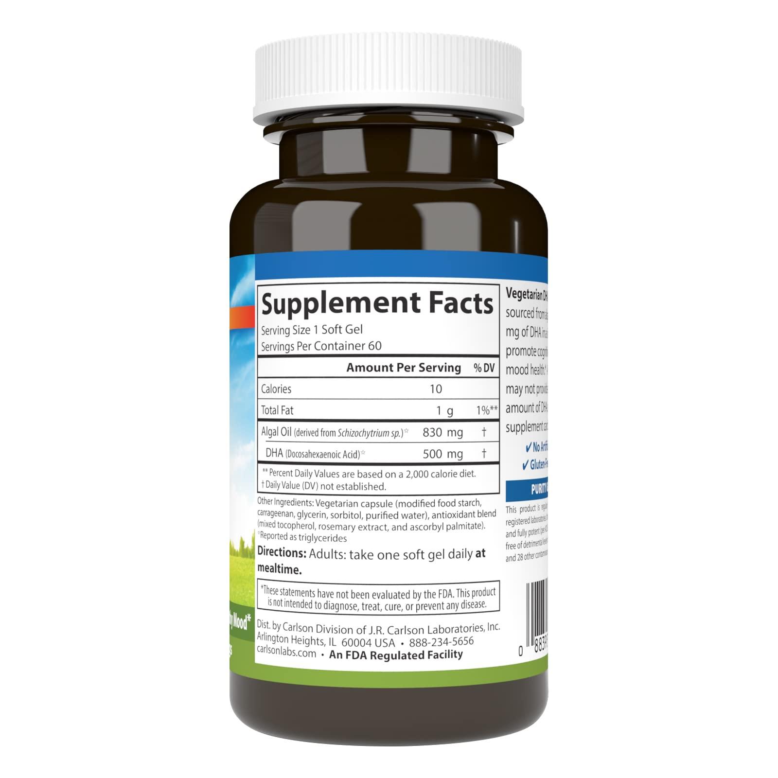 Carlson Carlson - Vegetarian DHA, 500 mg DHA, Plant Based, Sustainably Sourced from Algae, Brain Support, Mood Health, 60 Softgels