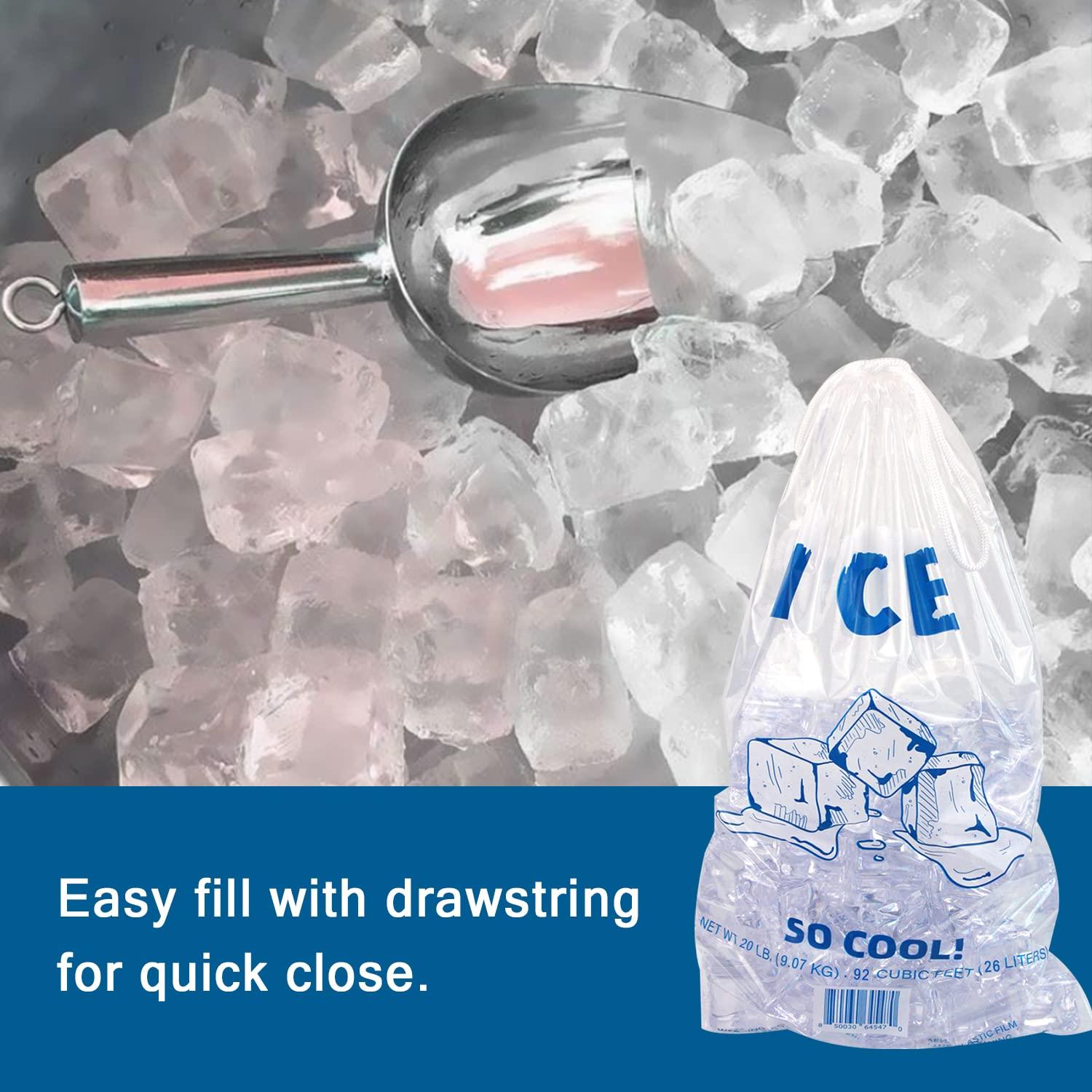 24/7 BAGS 100 Ice Bags, 10 LB Hold Capacity (12\"x20\"), Clear With Drawstrings, BPA-Free, Puncture Resistant, Heavy Duty