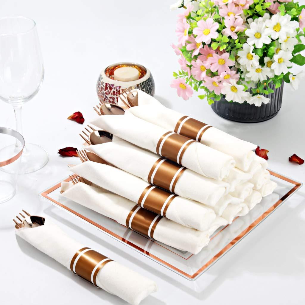 WELLIFE WELLIFE 350 PCS Rose Gold Square Plastic Plates, Disposable Rose Gold Dinnerware, Includes: 50 Dinner Plates10.25, 50 Dessert Plates7.5, 50 Cups 9 OZ, 50 Pre Rolled Napkins with Cutlery