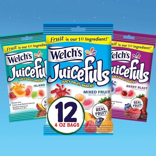 Welch's Welch\'s Juicefuls Juicy Fruit Snacks, Mixed Fruit, Berry Blast & Island Splash Fruit Gushers Variety Pack, Great For School Lunches, Gluten Free, 4 Oz Individual Single Serve Bags (Pack Of 12)