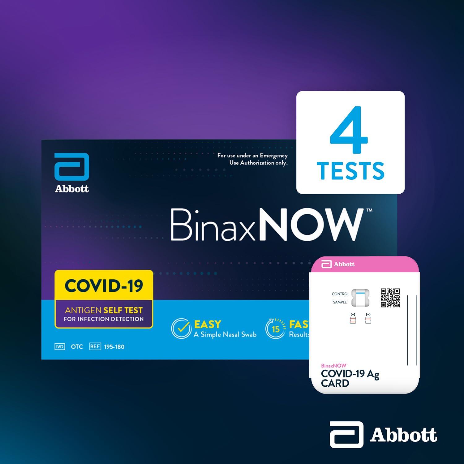 BinaxNOW BinaxNOW COVID-19 Antigen Self Test, 1 Pack, 4 Tests Total, COVID Test With 15-Minute Results Without Sending to a Lab, Easy to Use at Home