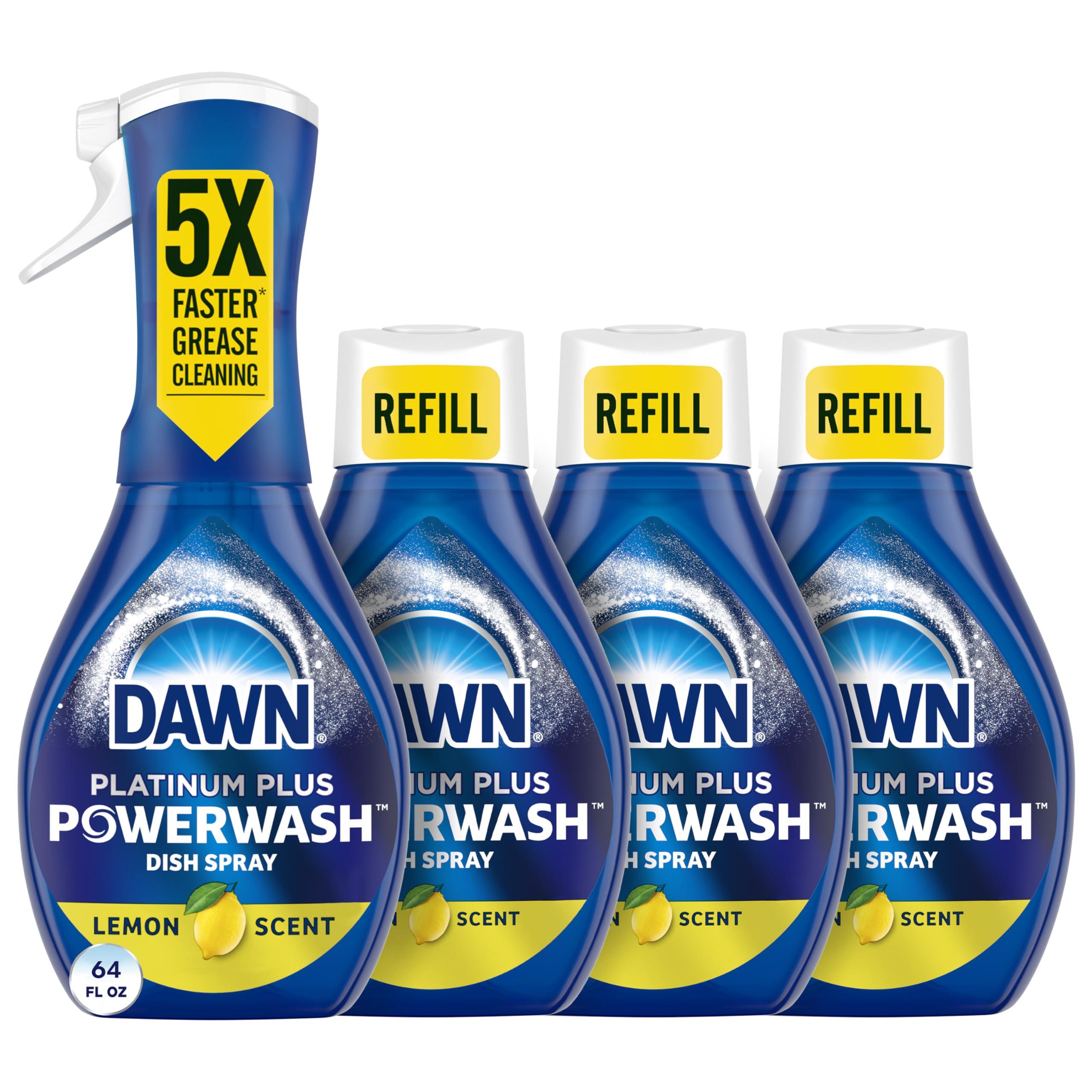 Dawn Dawn Powerwash Spray, Dish Soap, Dishwashing Liquid, Cleaning Supplies, Lemon, 1 Starter Kit + 3 Refills, 4 units of 16oz (64oz)