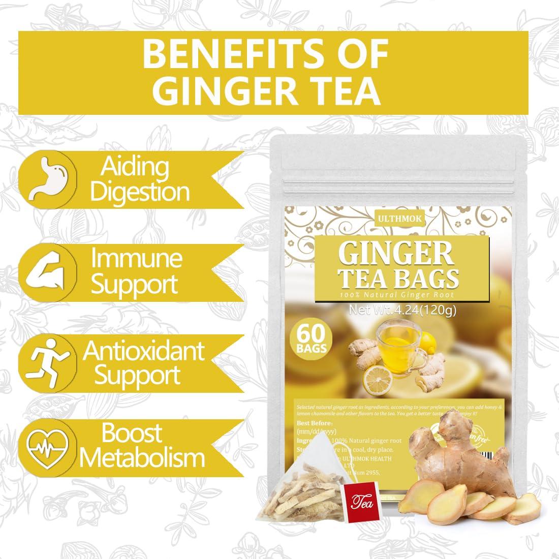 ULTHMOK 60 Premium Ginger Tea Bags, Made with 100% Natural Ginger Root, Warm & Spicy, Support Digestion & Boost Immunity, No Additives & Caffeine Free.