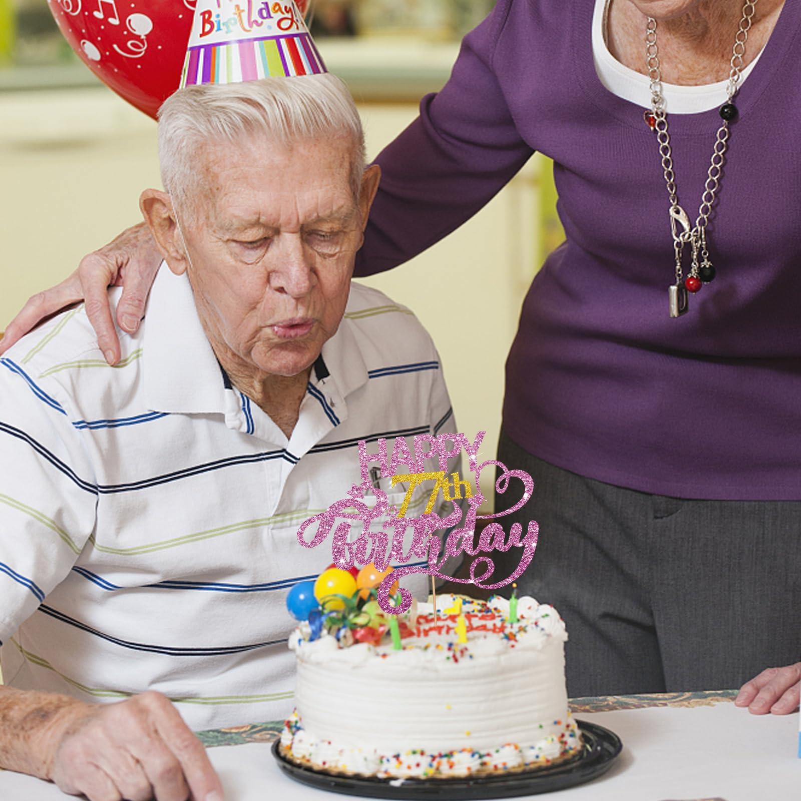 MINUET MINUTE Pink Glitter Happy 77th Birthday Cake Topper, Seventy Seven Years Old Birthday Party Cake Decor, Gold Number 77 Birthday Party Supplies Decorations for Man or Woman