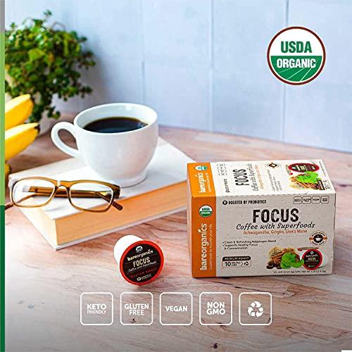 BareOrganics BareOrganics Focus Coffee Pods With Superfoods & Probiotics | Keurig K-Cup Compatible | USDA Certified Organic, Vegan, Non-GMO & Recyclable Single Serve 10ct (Pack of 6)