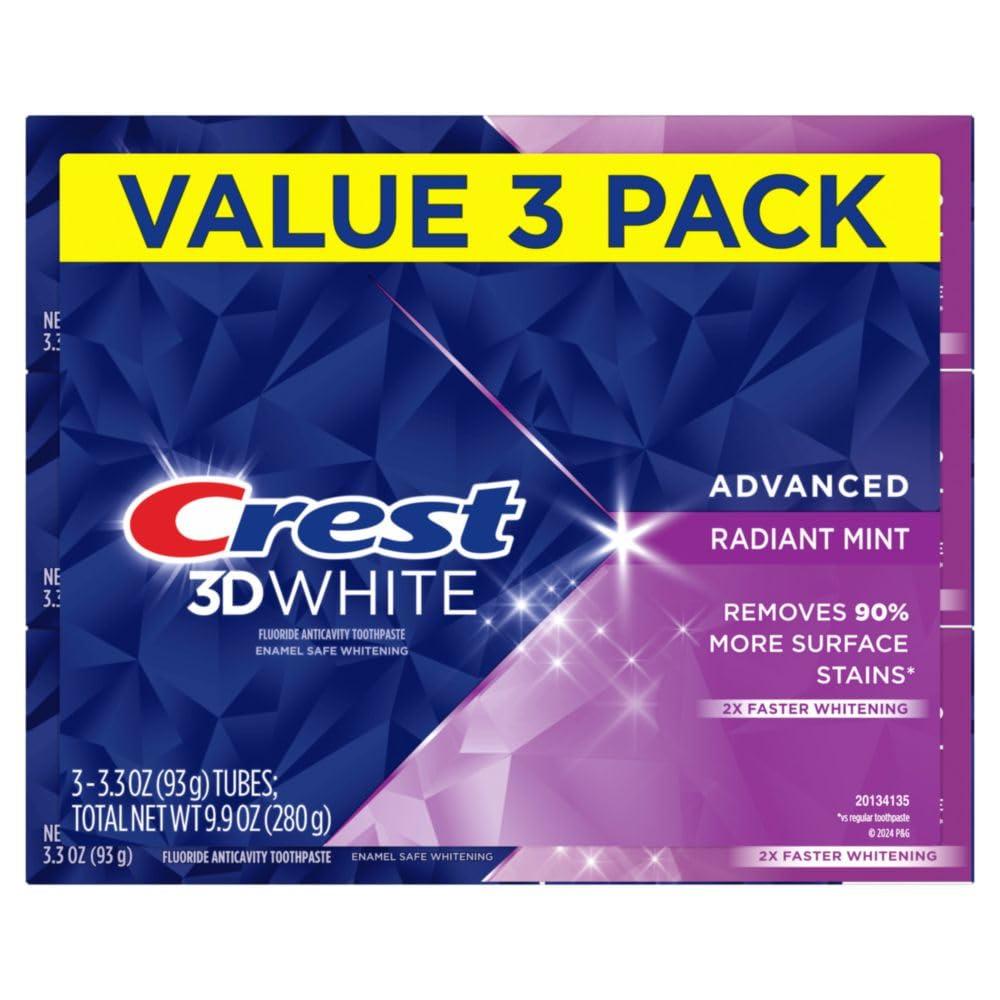 Crest Crest 3D White Advanced Teeth Whitening Toothpaste, Crest 3D White Brilliance Toothpaste, Radiant Mint, 3.3 oz, Pack of 3
