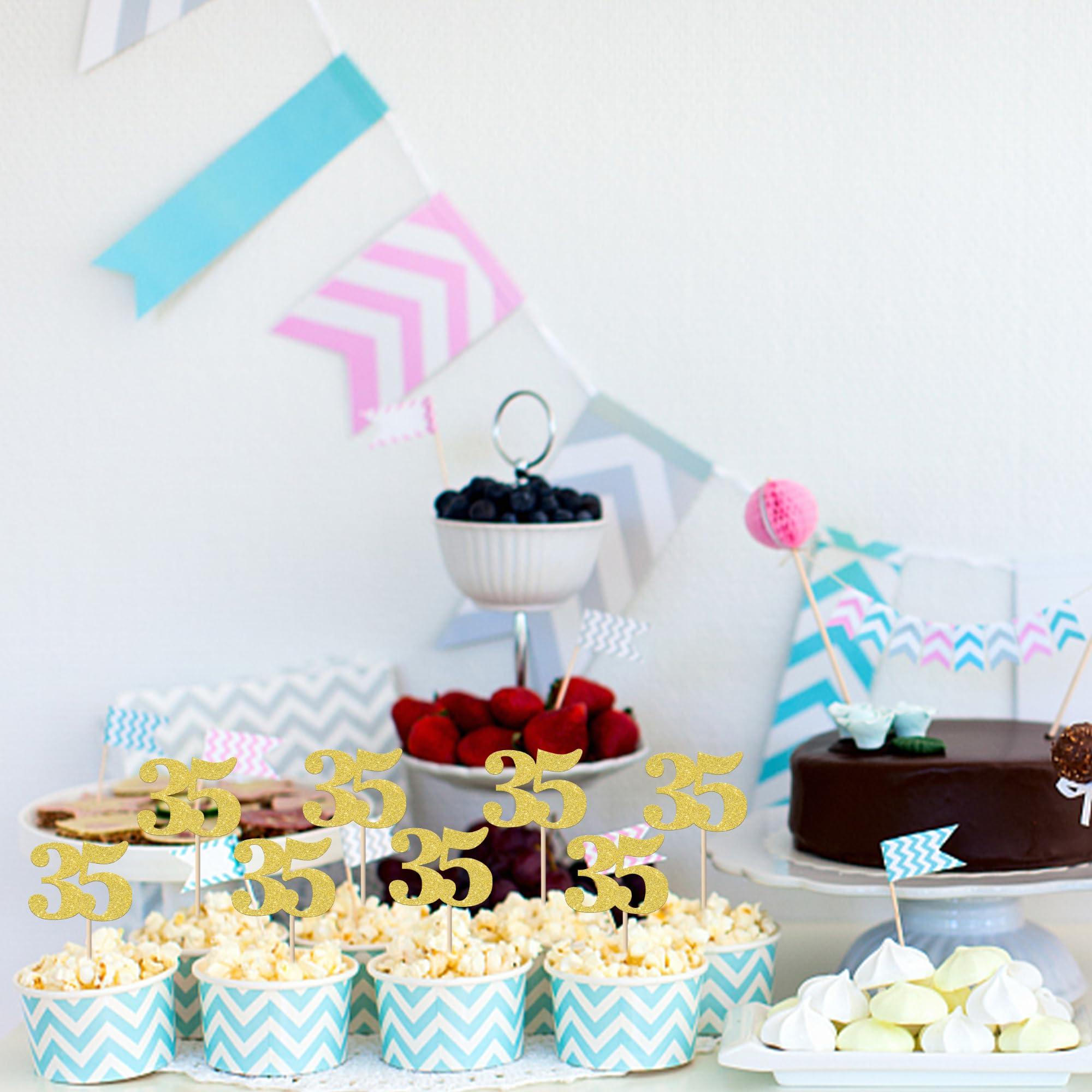 ZHUOWEISM 30 PCS Number 35 Cupcake Toppers Glitter Cheers to 35 years Old Birthday Cupcake Picks 35th Birthday Wedding Anniversary Party Cake Decorations Supplies Gold