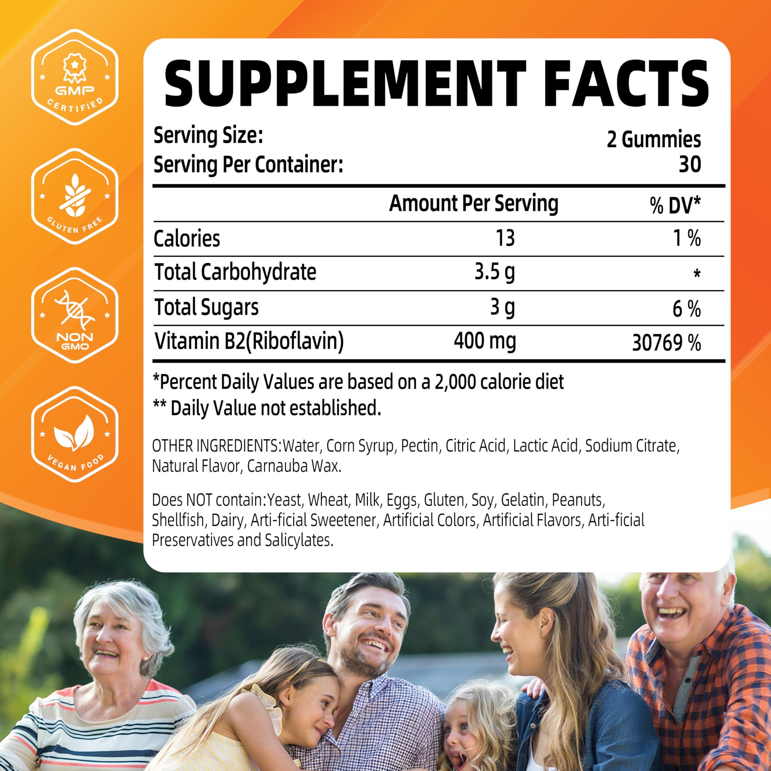 Joywiit Joywiit Vitamin B2 Gummies | Riboflavin 400mg | b2 Vitamin 400mg Chewable for Adults and Kids, Migraine Relief & Energy and Nervous System Support, Non GMO, Vegan - 60 Counts