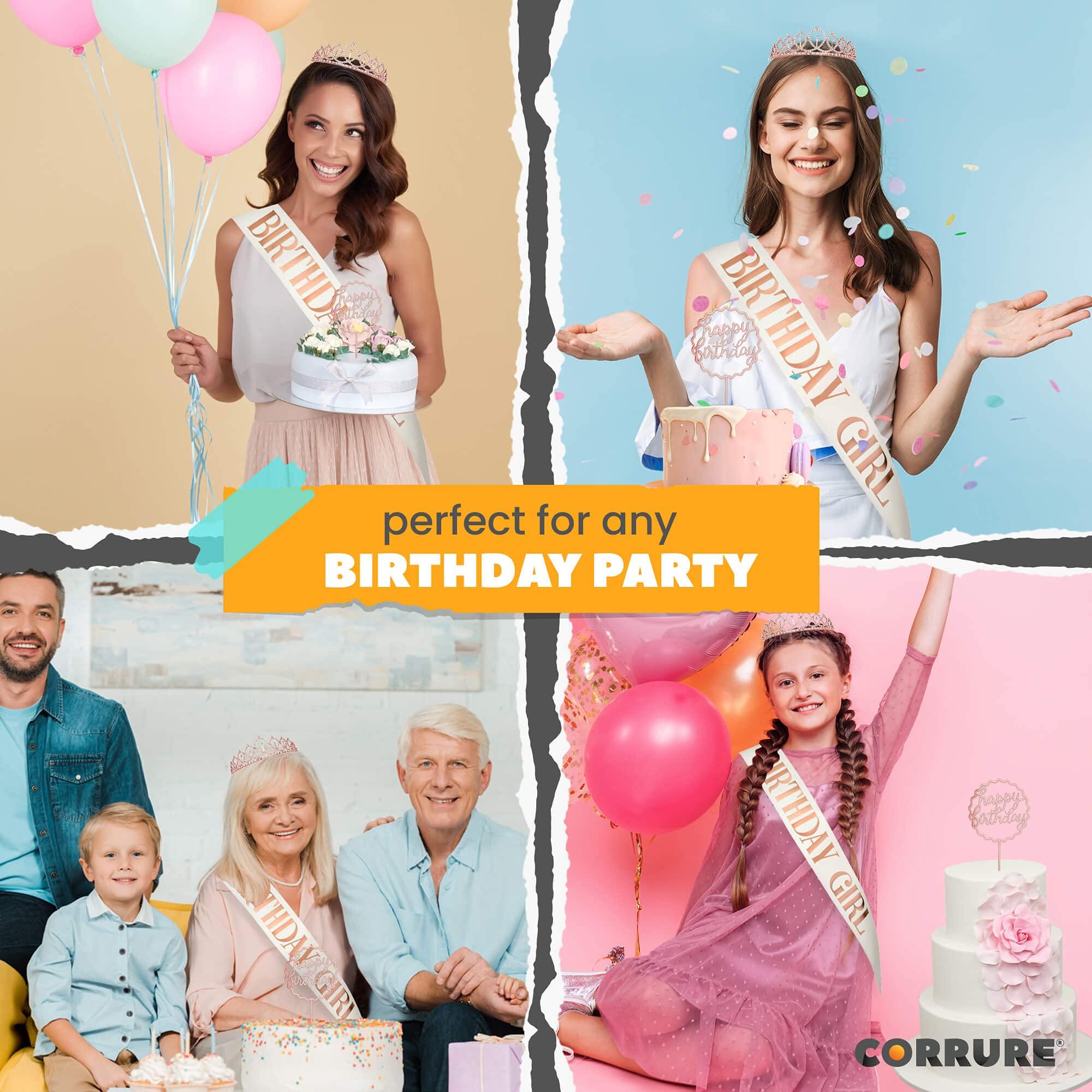 CORRURE CORRURE 'Birthday Girl' Sash, Rhinestone Tiara, and Cake Topper Set - Happy Birthday White Glitter Sash and Crown for Women's Sweet 16, 18th 21st 25th 30th 40th 50th or Any Other Bday Party