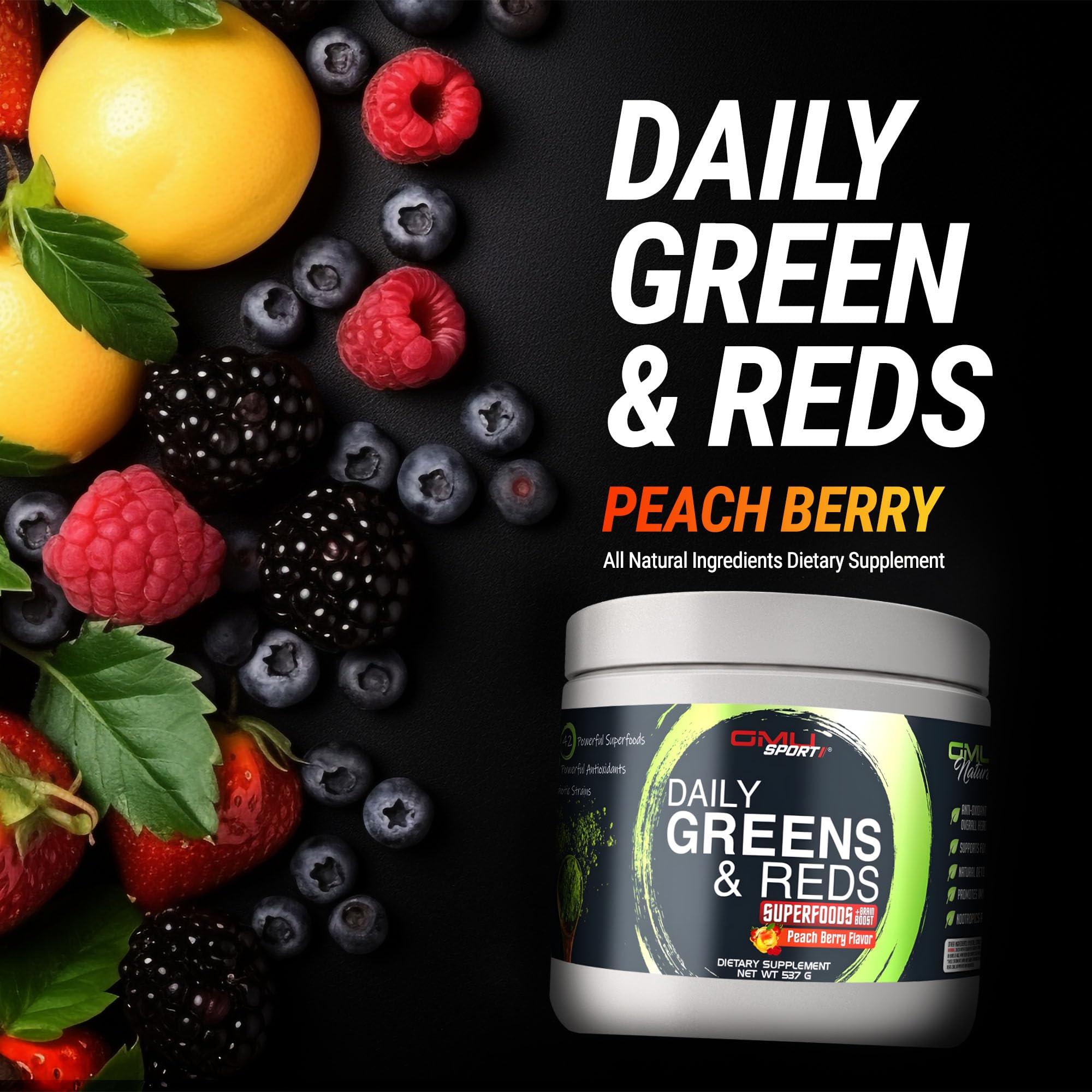 GMU SPORT GMU SPORT Greens and Reds Superfood Powder - Reds and Greens Powder Supplement with 42 Superfoods, Antioxidants, Adaptogen and Probiotics for Digestive Health and Mental Focus - Peach Berry