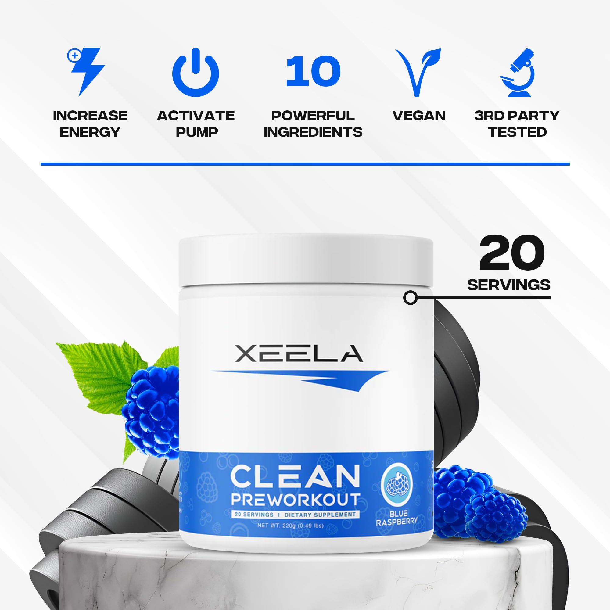 XEELA XEELA Pre Workout Powder - Clean & Tested - Jitter Free, Safe, and Natural - Increase Thermogenic Energy, Focus, and Endurance w/Creatine, Organic Caffeine, and Plant Based Citrulline (Blue Raspberry)