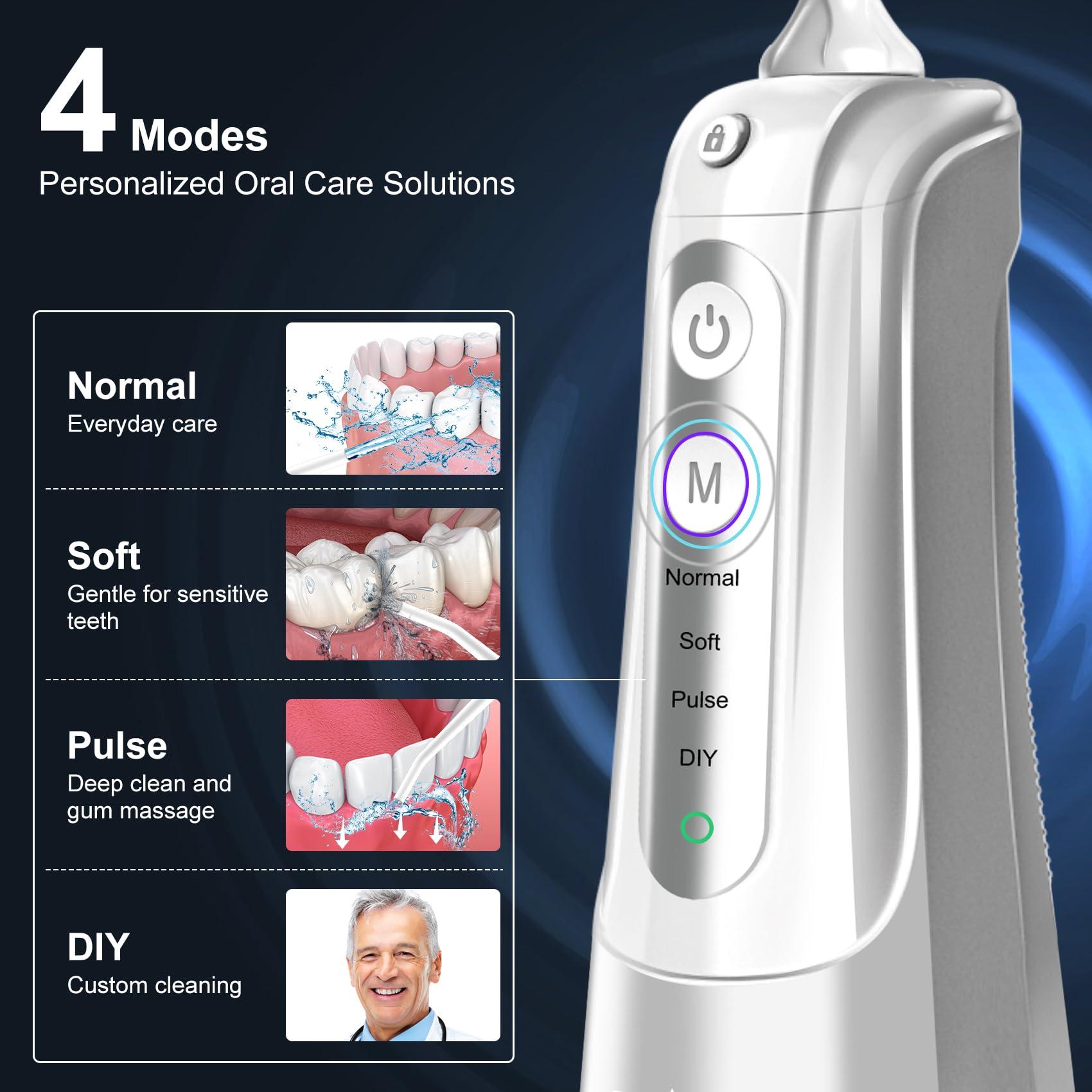 Zerhunt Water Flosser Pick for Teeth: 4 Modes Cordless Portable Water Flossers Teeth Cleaner Rechargeable 300ML IPX7 Waterproof Oral Irrigator Flossing Cleaning Picks for Home Travel