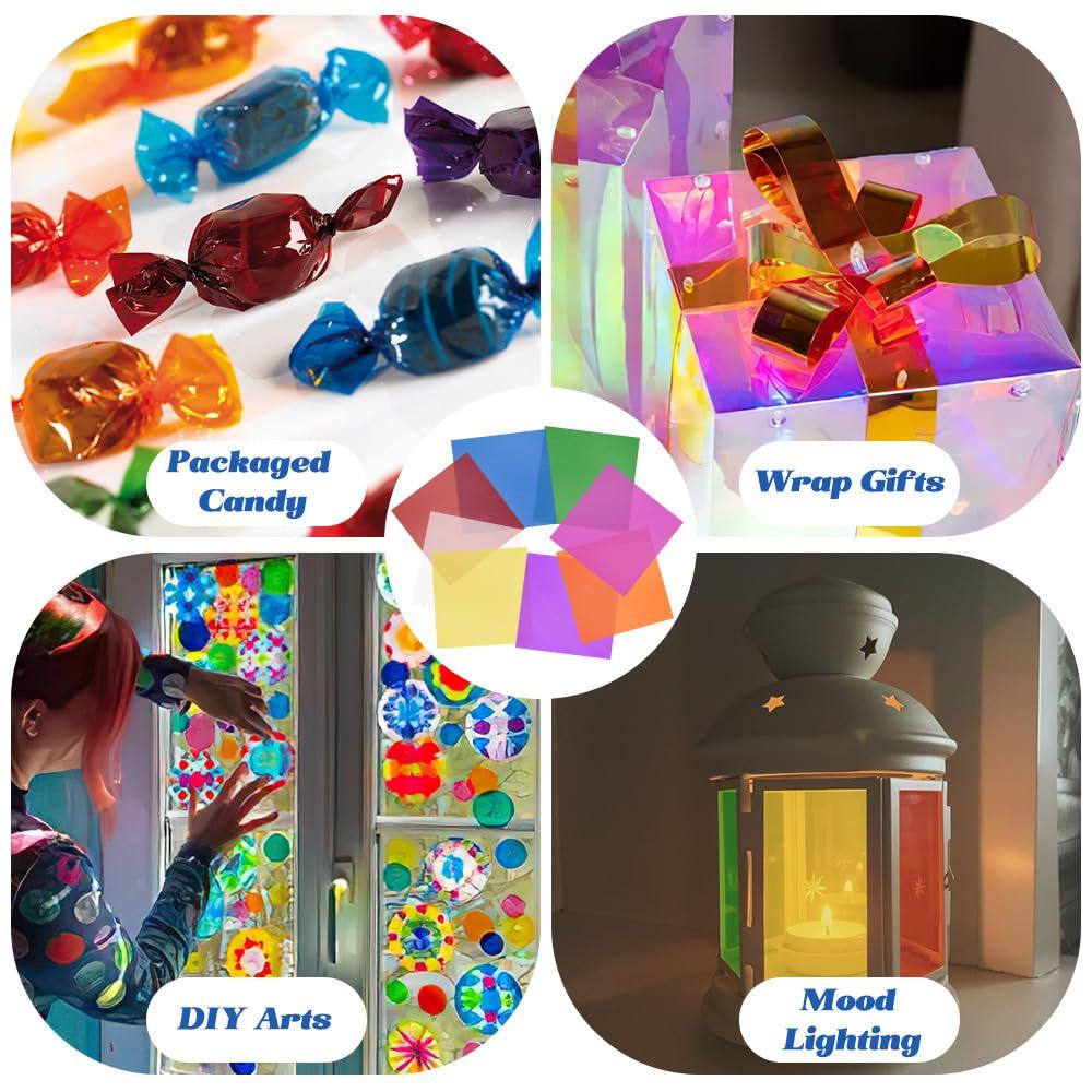 Diueoly Cellophane Wrap, 160pcs Cellophane Sheets, 8 Multi-Colors Colored Cellophane, 7.5x7.5 Inch Transparent Colored Plastic Wrap, Colored Cellophane Wrap for Christmas Valentine DIY Arts Crafts Decorations