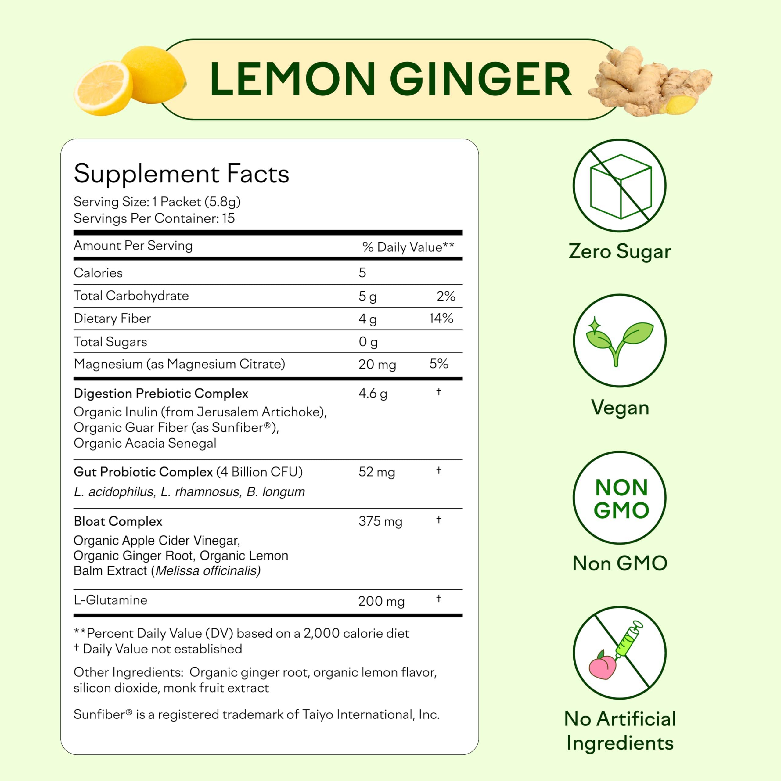 Feel Goods Feel Goods Gut Guardian, Prebiotic & Probiotic Powder, Sugar Free, Organic Fiber, Organic Herbs for Bloat, Gut Health Support, Digestive Health for Men & Women, Non GMO, Vegan | Lemon Ginger, 15 Count