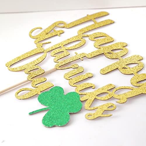 BOOMPA St Patrick’s Day Birthday Cake Topper - Lucky St Paddy’s Day Four Leaf Clover - Irish Themed Cake Decorations - Lucky 1st Happy Birthday For Gold Cake Flag - Best Photo Booth Props (St Patrick’s Day)