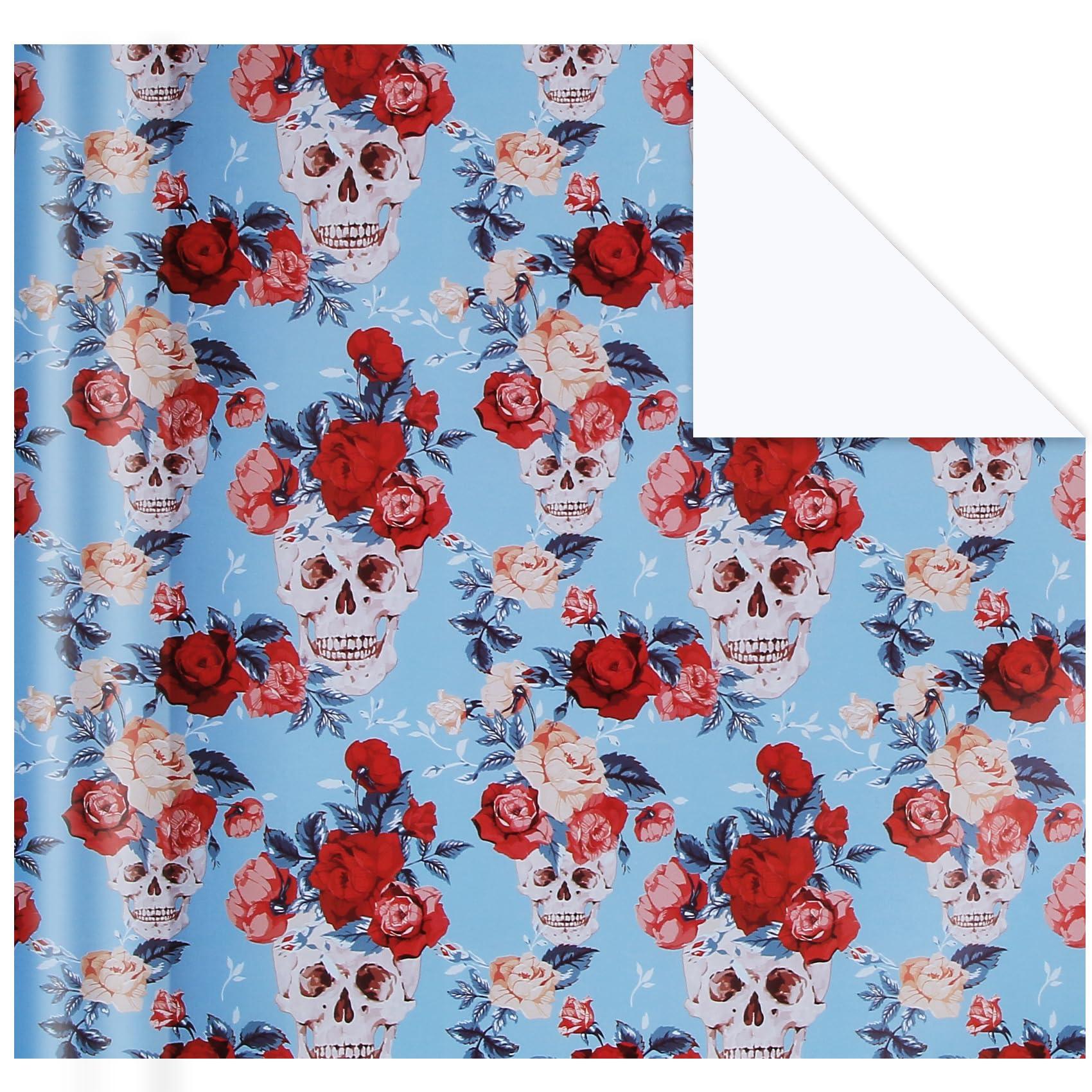 Aimyoo Aimyoo Blue Skull Floral Wrapping Paper Roll 17 in x10ft, Horror Gothic Gift Wrap Paper for Halloween Wedding Bridal Shower