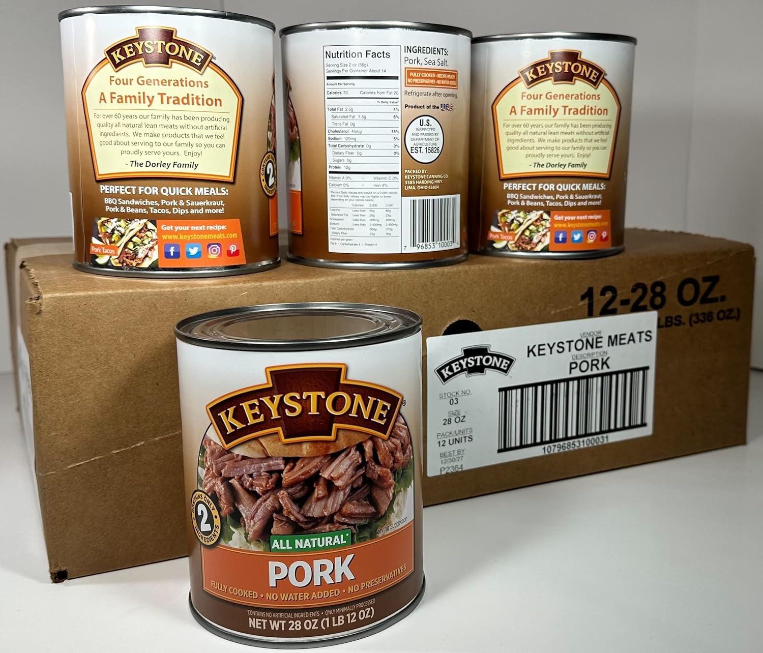 Keystone Keystone Meats All Natural Canned Pork 28 Ounce Long Term Shelf Life Emergency Survival Food Canned Meat | Fully Cooked Ready to Eat | No Water Added | Gluten Free No Carbs Family Pack of 12