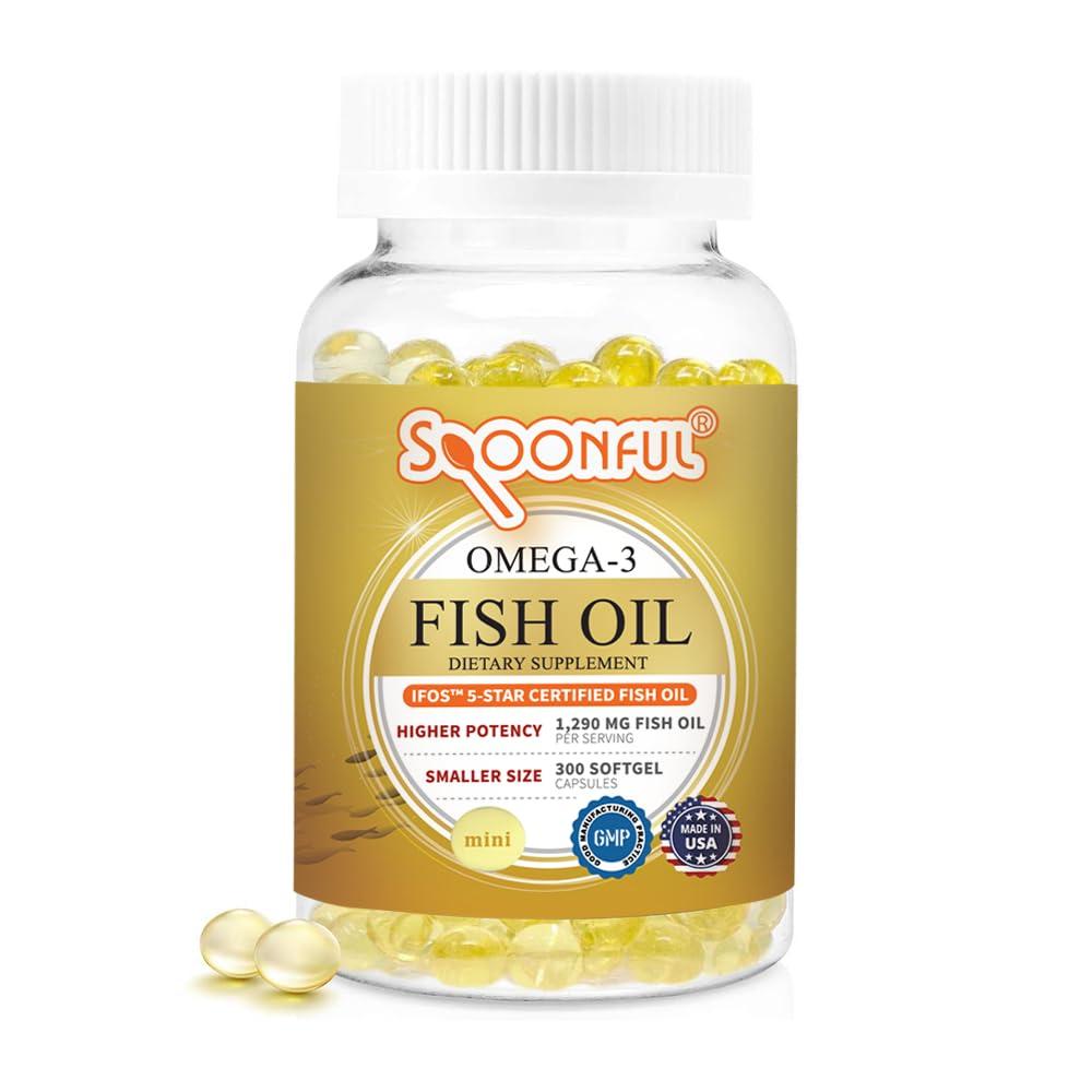 Spoonful Spoonful Mini Omega 3 Fish Oil, iFOS Certified, 1290 mg Per Serving, 300 Softgels Pearls, Small Size Easy to Swallow Capsules for Women and Seniors, Made in USA
