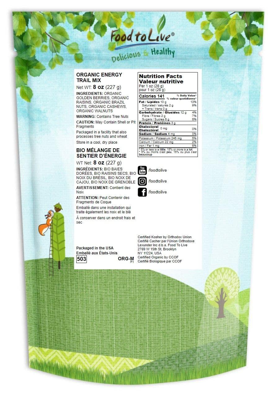 Food to Live Food to Live Organic Energy Trail Mix, 8 Ounces Non-GMO and Raw Nuts and Berries including Cashews, Golden Berries, Raisins, Walnuts, and Brazil Nuts. Non-Irradiated, Vegan Superfood, Bulk