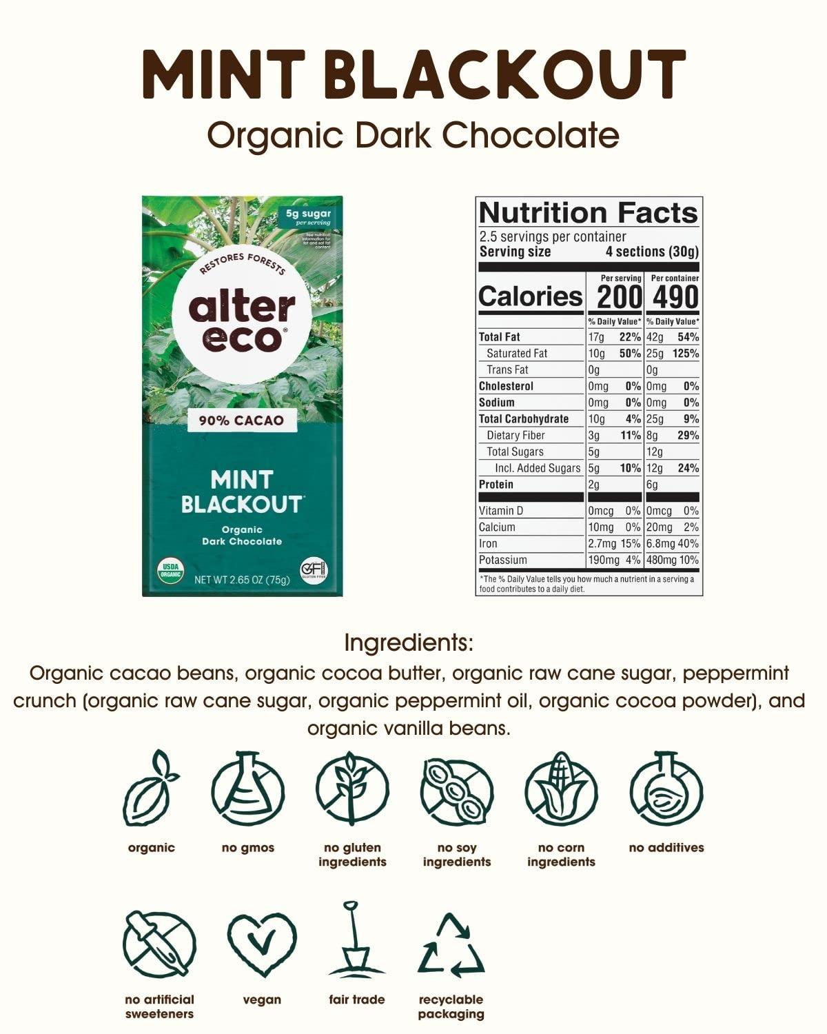 Alter Eco Alter Eco | Dark Chocolate Bars | Pure Dark Cocoa, Fair Trade, Organic, Non-GMO, Gluten Free (2-Pack Mint Blackout)