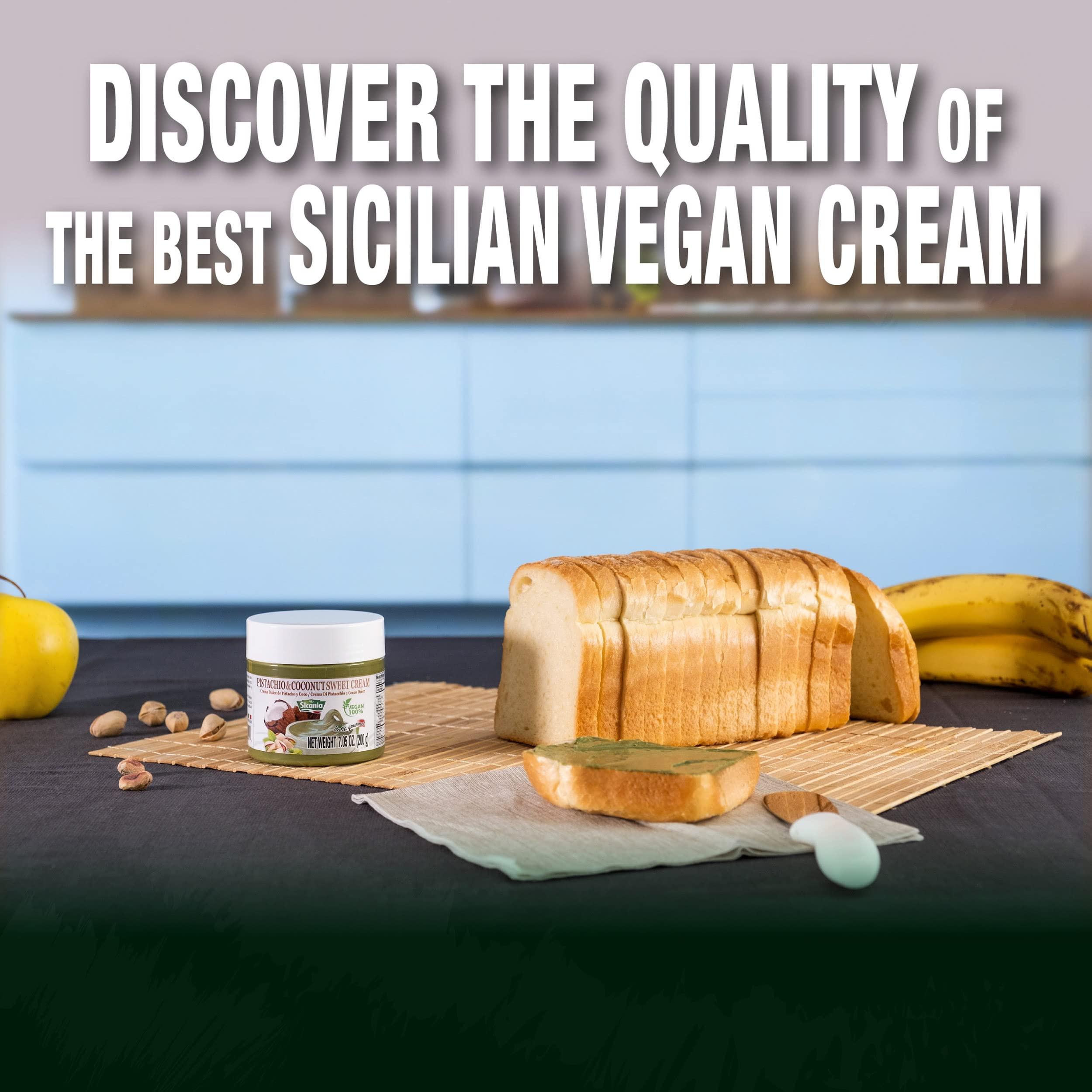 SICANIA SICANIA Pistachio and Coconut Vegan Sweet Cream - 100% Italian Made, Non-GMO, Dairy-Free, Gluten-Free, Palm Oil-Free, Lactose-Free, Sugar-Free - Ideal for Pastries, Desserts, Sandwiches, Pancakes, Waffles, Toasts and Crackers - 200Gr