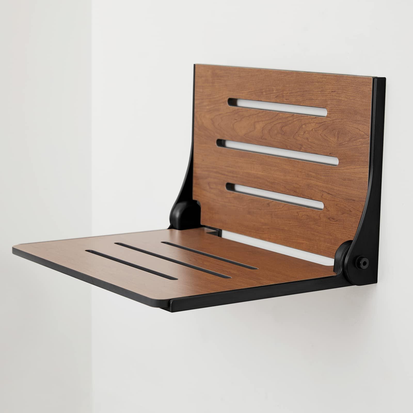Seachrome Seachrome Silhouette Folding Wall Mount Shower Bench Seat, Rustic Teak Seat with Matte Black Frame (SHAF-185155-PRTS-S-MB)