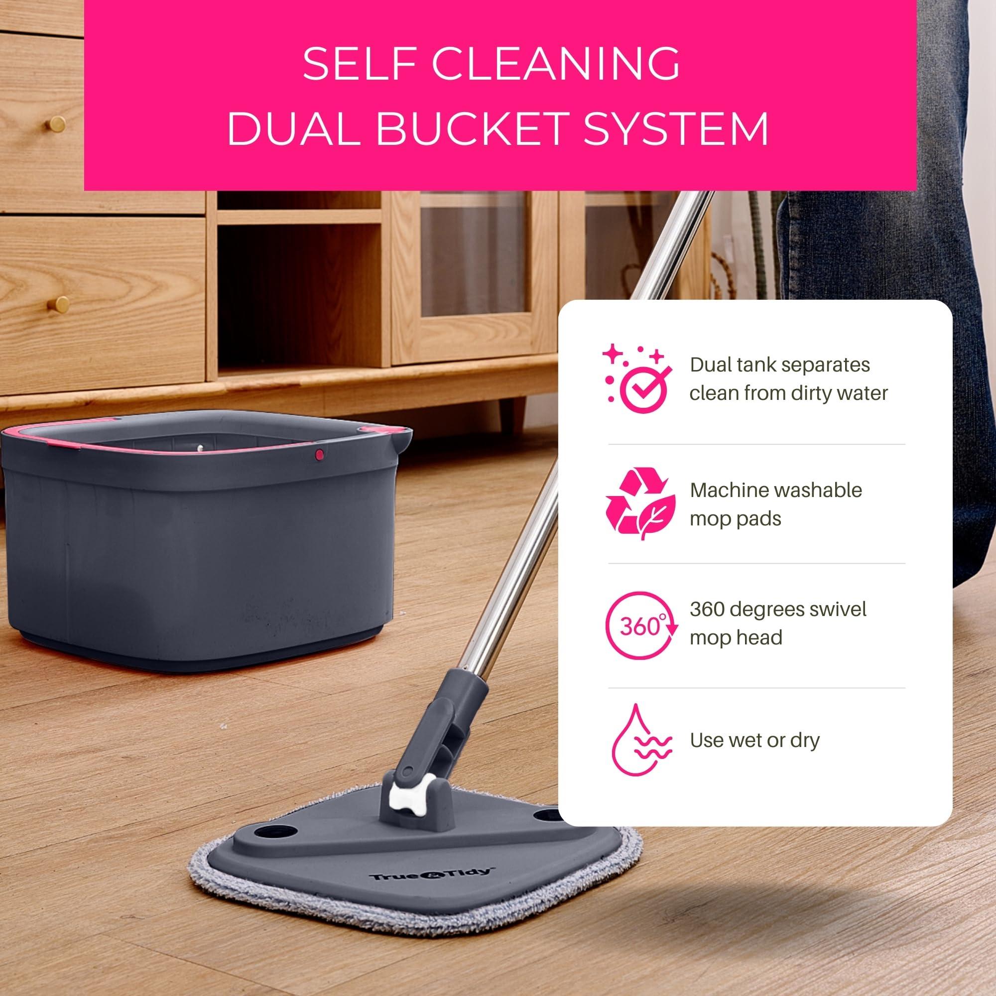 True & Tidy Heavy Duty Square Spin Mop for Floor Cleaning, Separate Compartment for Clean and Dirty Water, Use Any Cleaning Solution, Self Cleaning, Machine Washable Mop Pads