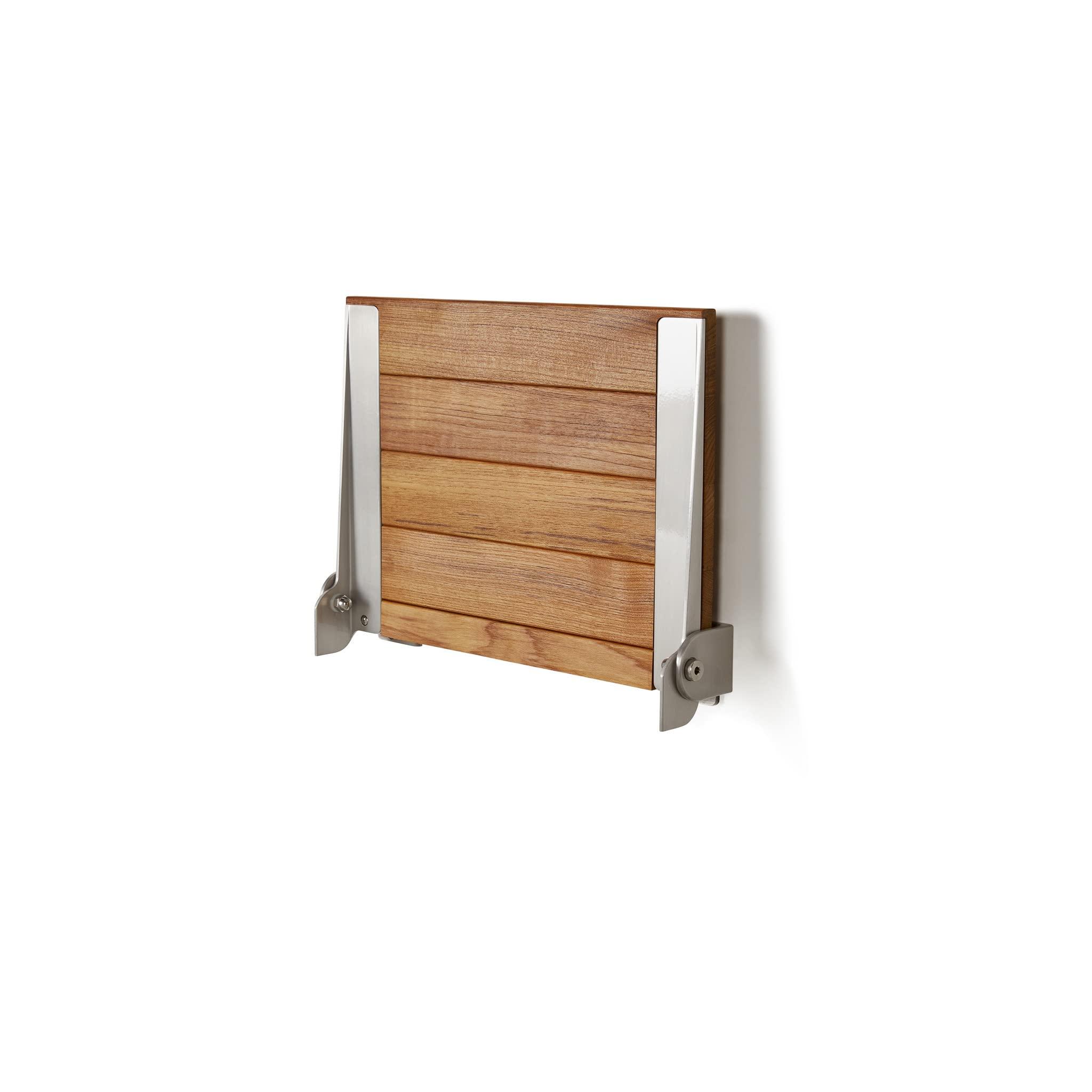 Seachrome Seachrome18 inch Silhouette Slimline Folding Wall Mount Shower Bench Seat, Natural Teak Wood with Silver Frame