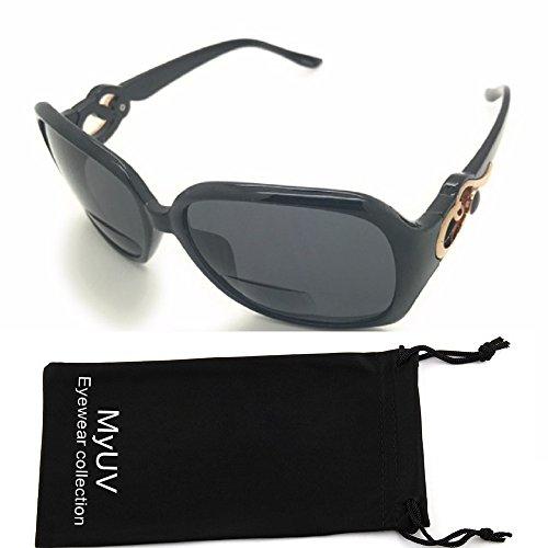 MyUV Womens Bifocal Sunglasses Sun Reader Fashion Oversized Frame with Microfiber Pouch (Black, 1.5)
