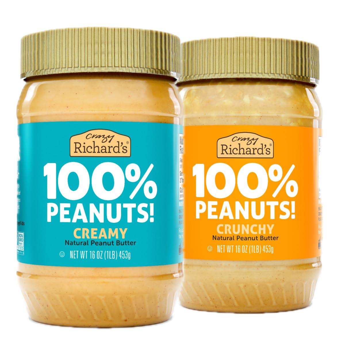 Crazy Richard's Crazy Richard\'s 100% All-Natural Vegan Creamy & Crunchy Peanuty Butter with No Added Sugar and Non-GMO Variety Pack (16 Ounce, Pack of 2)